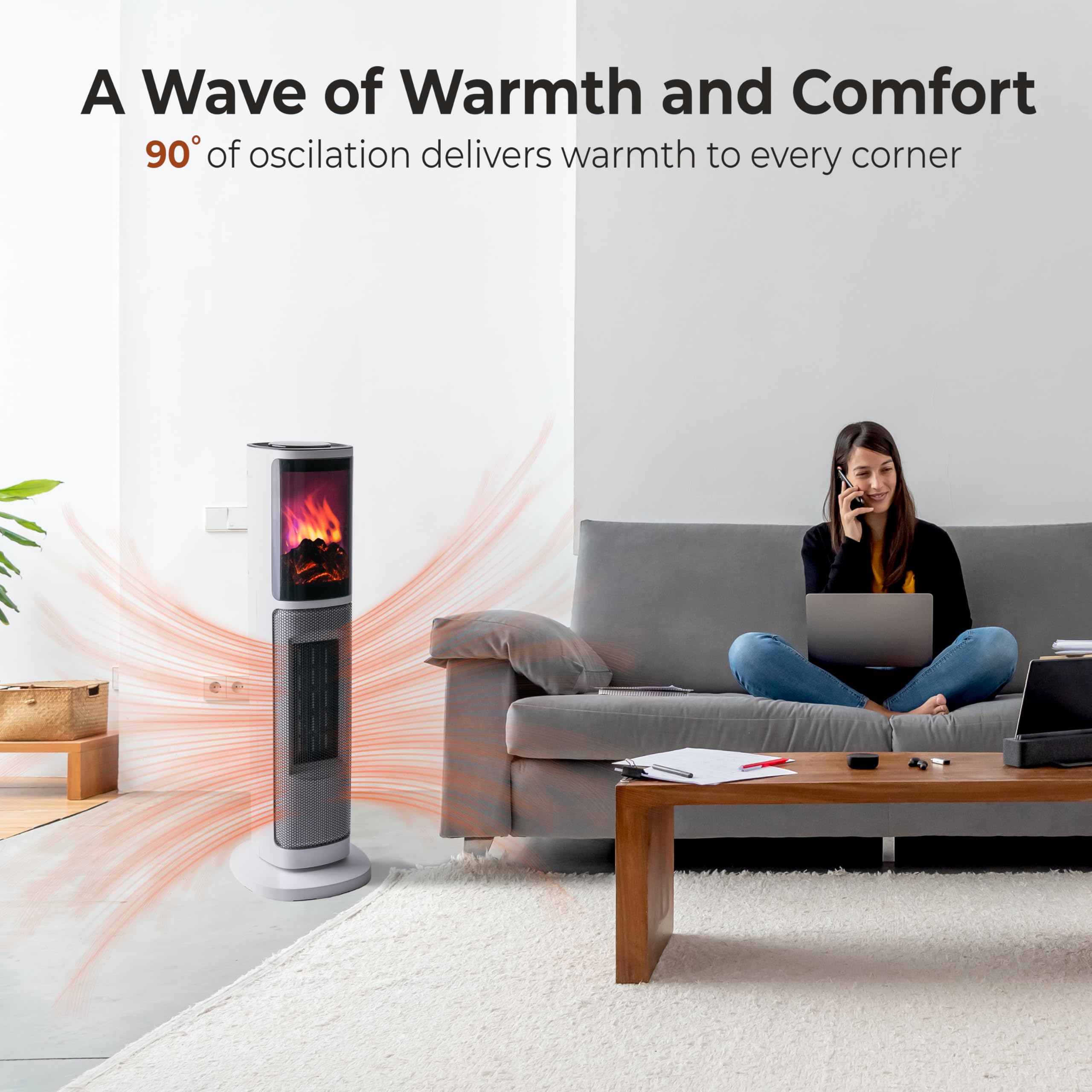 Comfort Zone 3D Flame Electric Space Heater - 25 Inch Indoor Portable Heater with Remote Control, 8H Timer, 75° Oscillation & Adjustable Thermostat | Overheat Protection | Perfect for Bedroom, Office & Living Room Heating