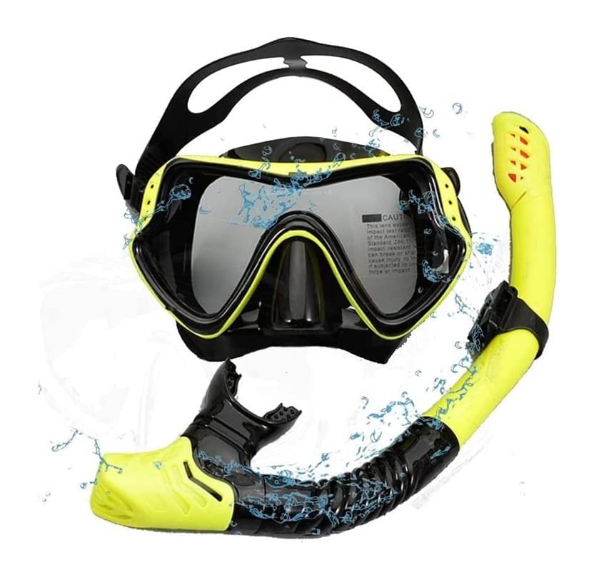Premium Snorkel Set for Adults - Tempered Glass & Silicone Diving Mask with Dry Snorkel - Comfortable Swimming Goggles for Snorkeling, Scuba Diving & Beach Vacations (Yellow)