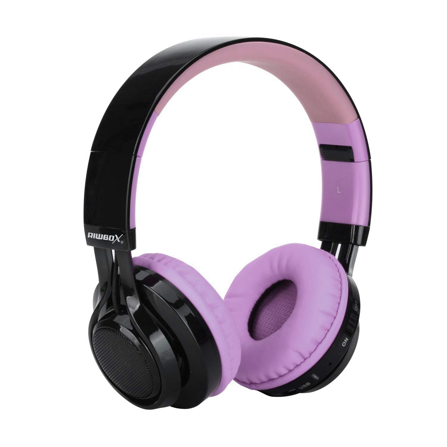 Riwbox AB005 Wireless Bluetooth 5.0 Headphones with Microphone, Foldable Over-Ear Headset with FM Radio, TF Card Slot & LED Light - Compatible with iPhone, Android & All Bluetooth Devices (Black & Purple) - Perfect for Gym, Travel & Office Use