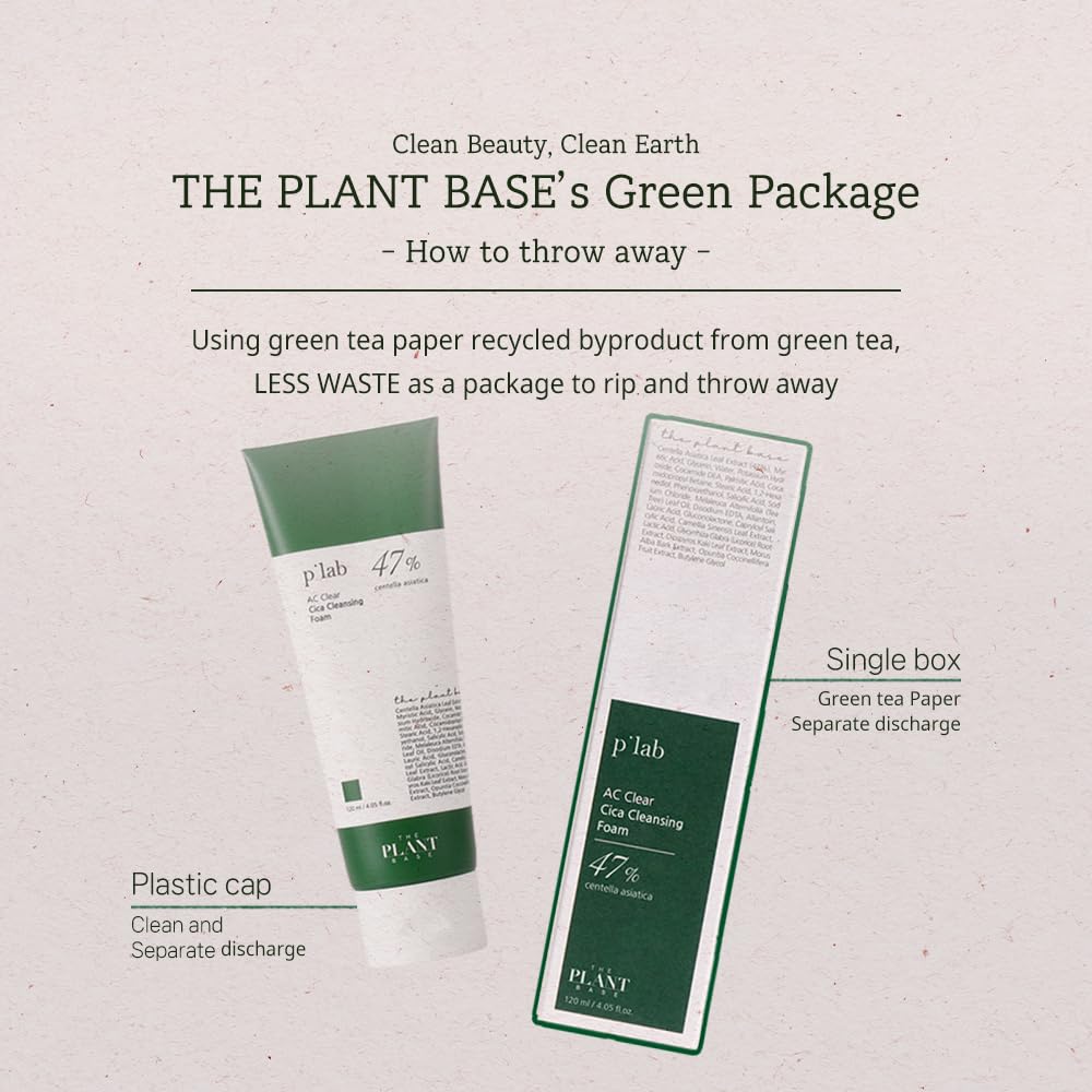 THE PLANT BASE AC Clear Cica Cleansing Foam 120ml | Acne Treatment Face Wash with 47% Centella Asiatica | AHA+BHA+PHA+LHA Exfoliating Formula | Vegan Korean Skincare | Perfect for Sensitive & Acne-Prone Skin | Morning & Night Cleansing Routine