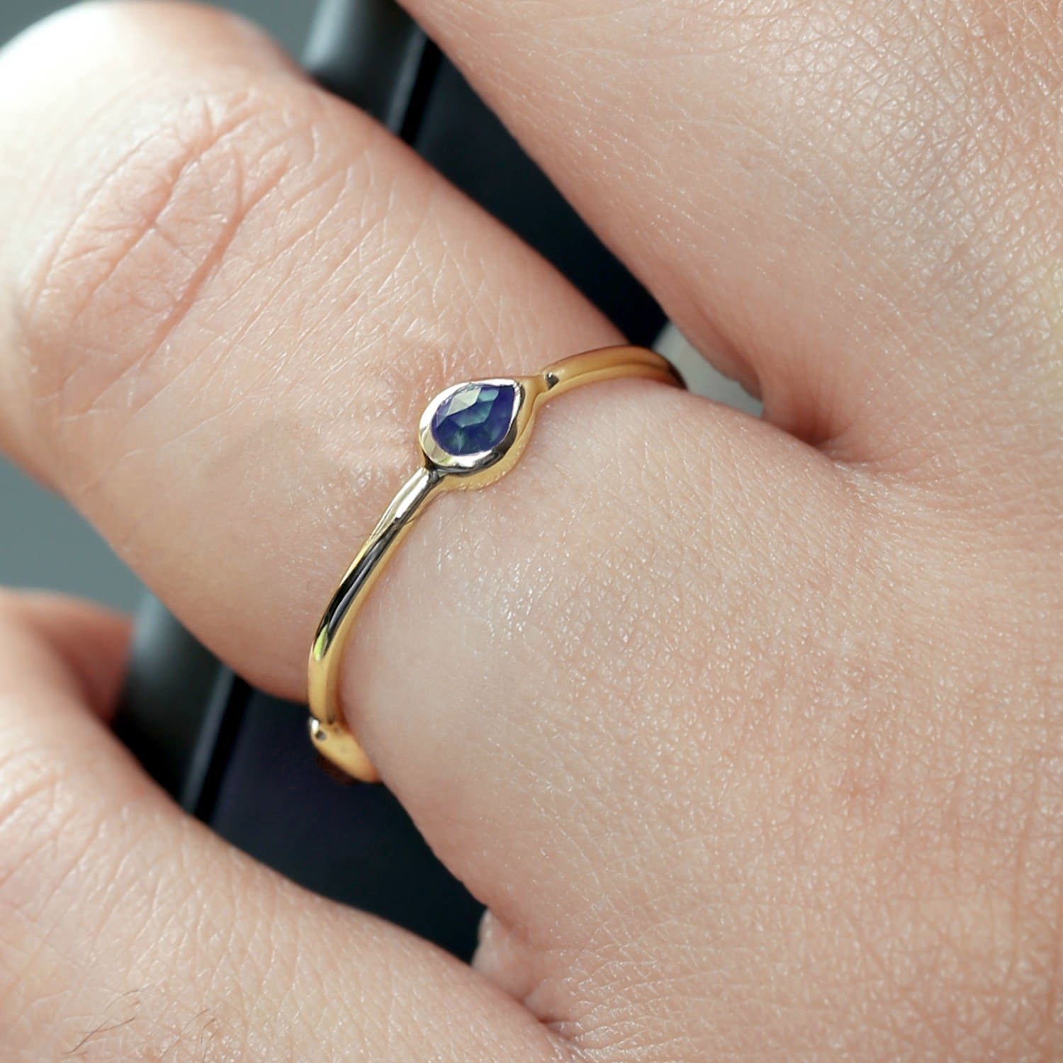 10k Yellow Gold Blue Sapphire Bezel Set Three Stone Ring for Women - Elegant Jewelry Gift for Anniversary, Engagement & Special Occasions