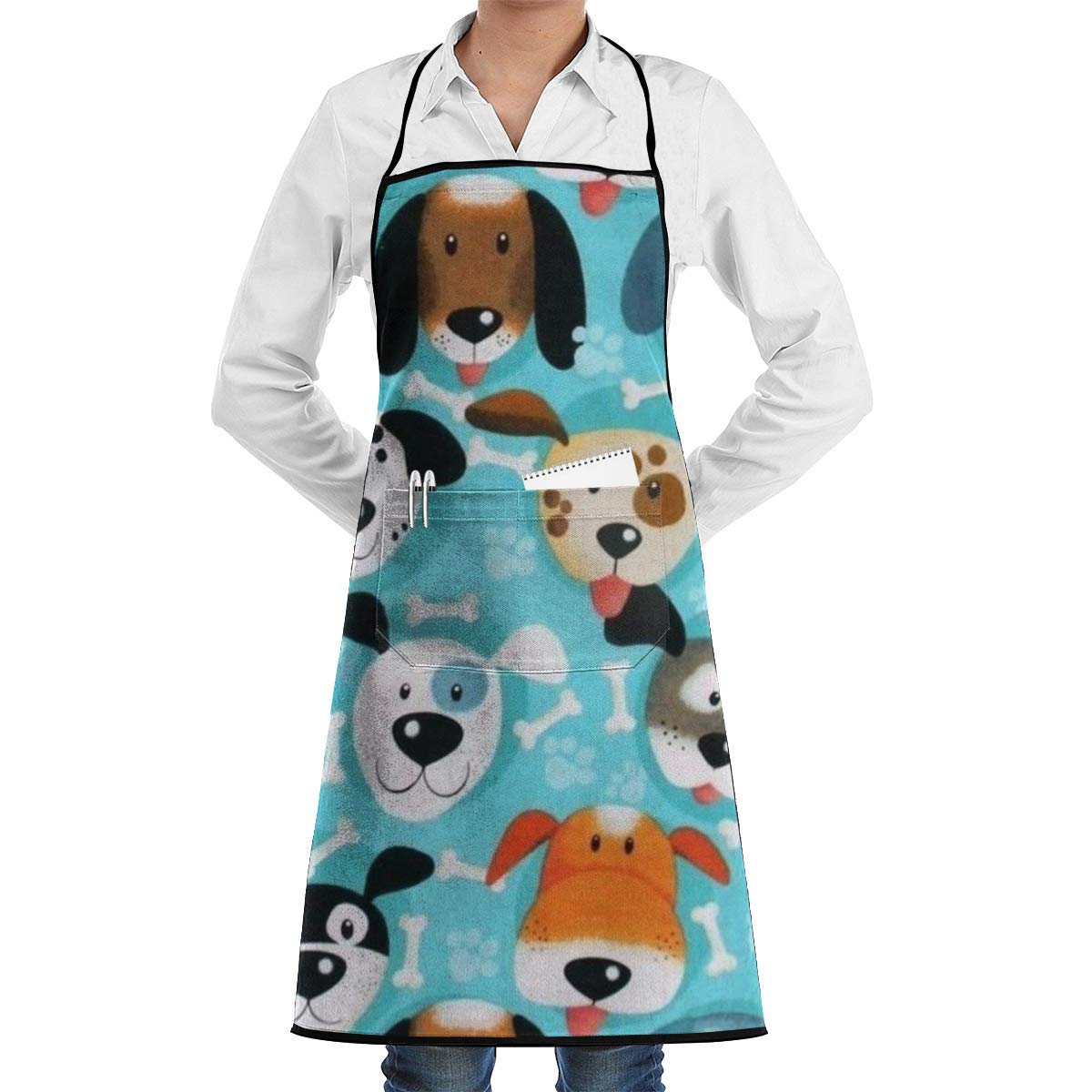 Cute Dogs Kitchen Apron for Waiter or Server with Pocket, Black Cooking & Crafting Apron for Men and Women, Perfect for Restaurants, Home Kitchens, and DIY Crafting Projects