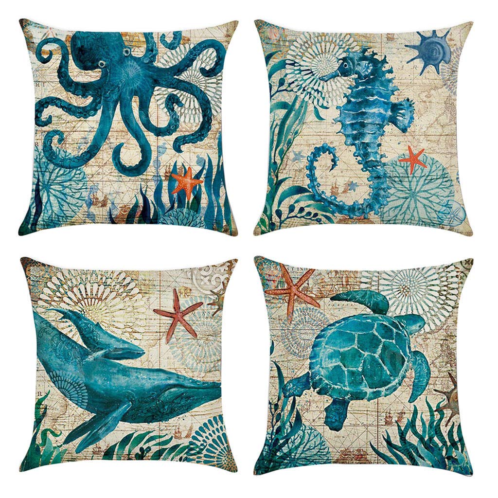 Decorative Seabed Throw Pillow Cover 16x16 Inch - Multicolor Marine Animal Print Cushion Case for Sofa, Bed, Living Room & Nursery Decor
