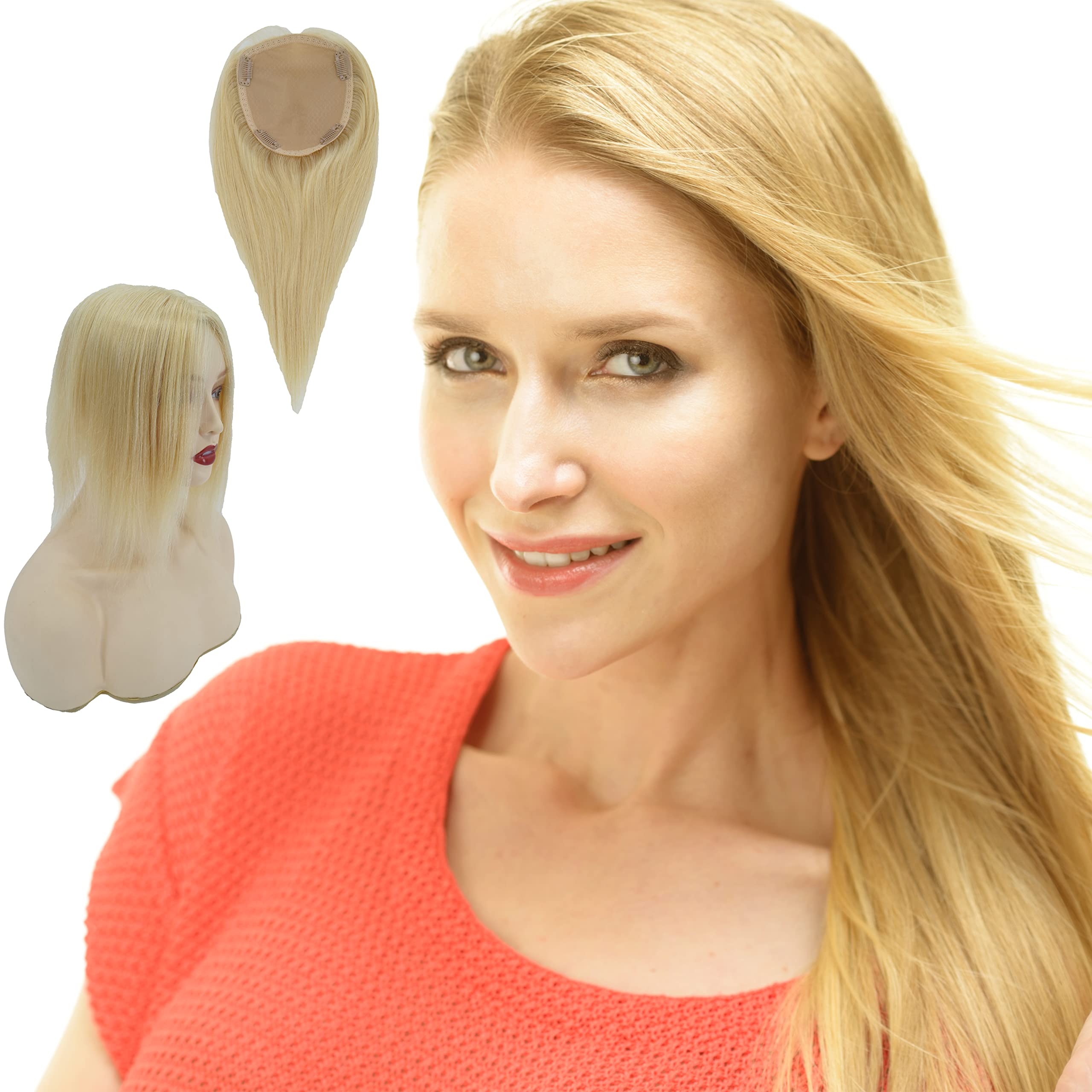 13x15cm Human Hair Silk Base Hair Topper for Women with Thinning Hair & Grey Hair - 4 Clip-In Extensions (#613 Bleach Blonde, 16 Inch) - Perfect for Daily Wear, Parties & Special Occasions