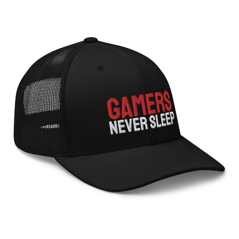 Gamers Never Sleep Adjustable Cotton Gaming Trucker Cap - Perfect for Esports, Streaming & Casual Wear