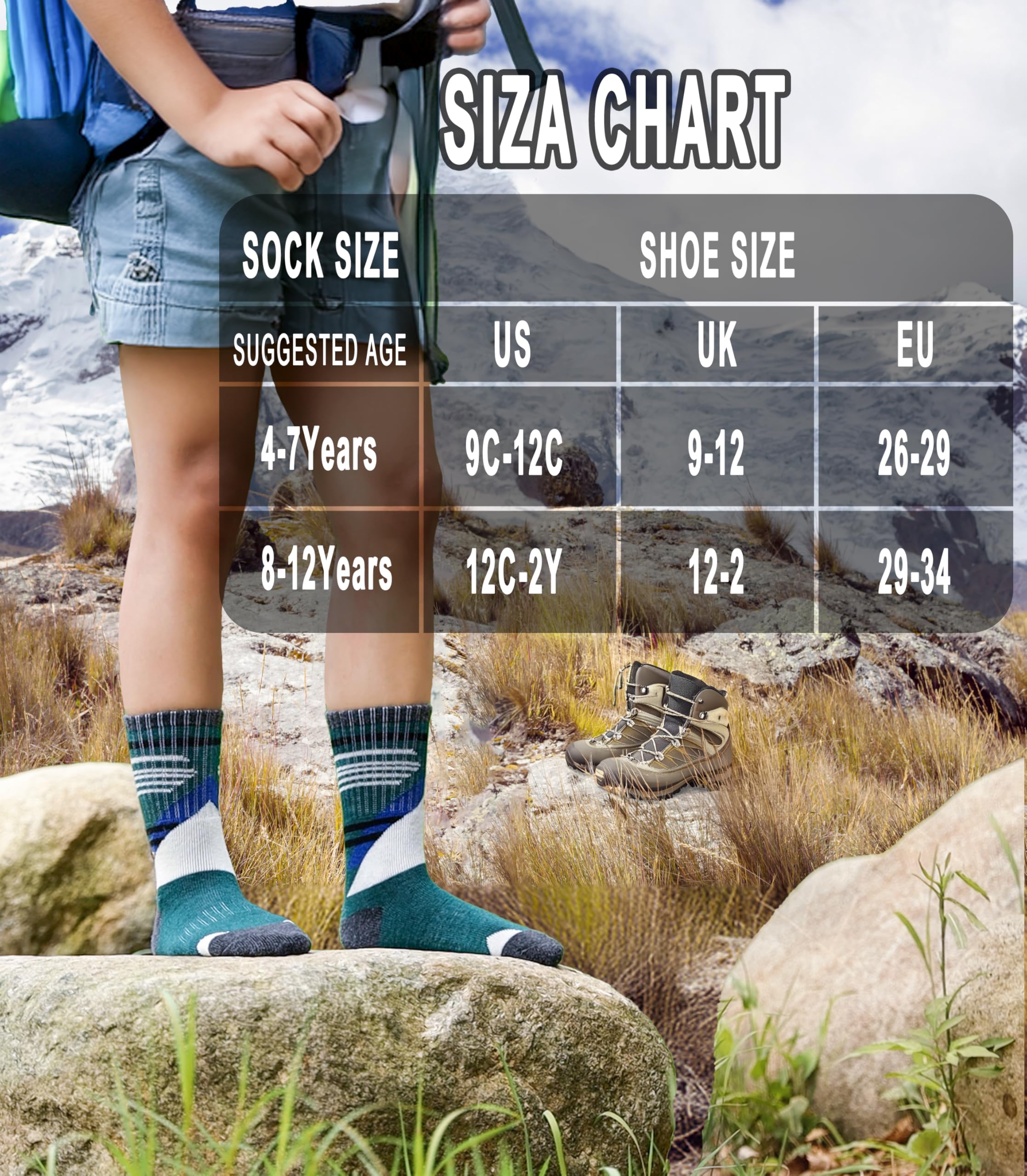 Yebing Kids Merino Wool Hiking Socks - Warm Thermal Winter Boot Socks for Boys & Girls (6 Pairs) - Perfect for Outdoor Adventures, Skiing & Cold Weather Activities