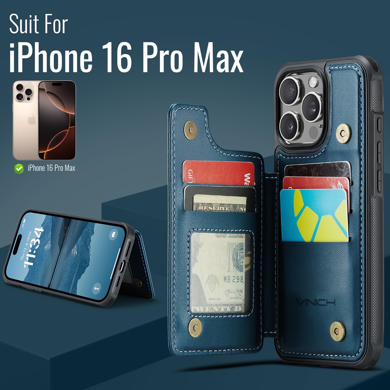 iPhone 16 Pro Max Wallet Case with Card Holder & RFID Blocking - Magnetic Clasp Kickstand Shockproof Phone Cover (6.9