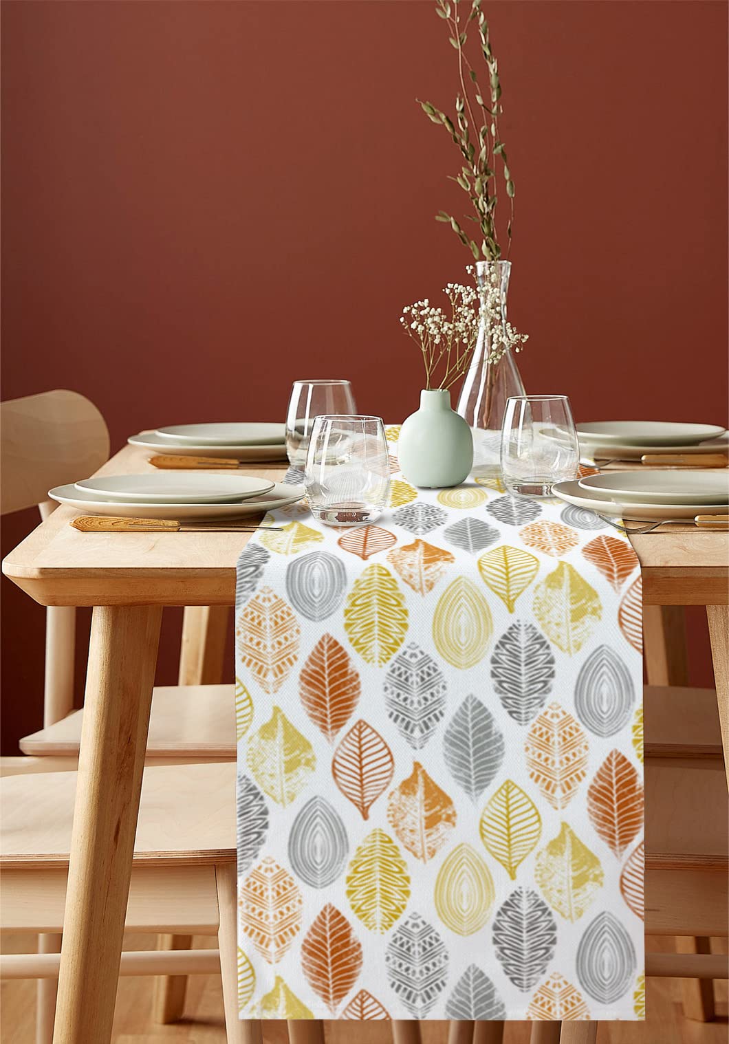 Cotton Linen Table Runner 72 Inch - Farmhouse Kitchen Dining Table Decor with Orange Yellow Grey Leaf Pattern, Coffee Table Scarf for Summer Fall Wedding Party Banquet Home Decor | Perfect for Farmhouse, Rustic, and Boho Style Dining Tables
