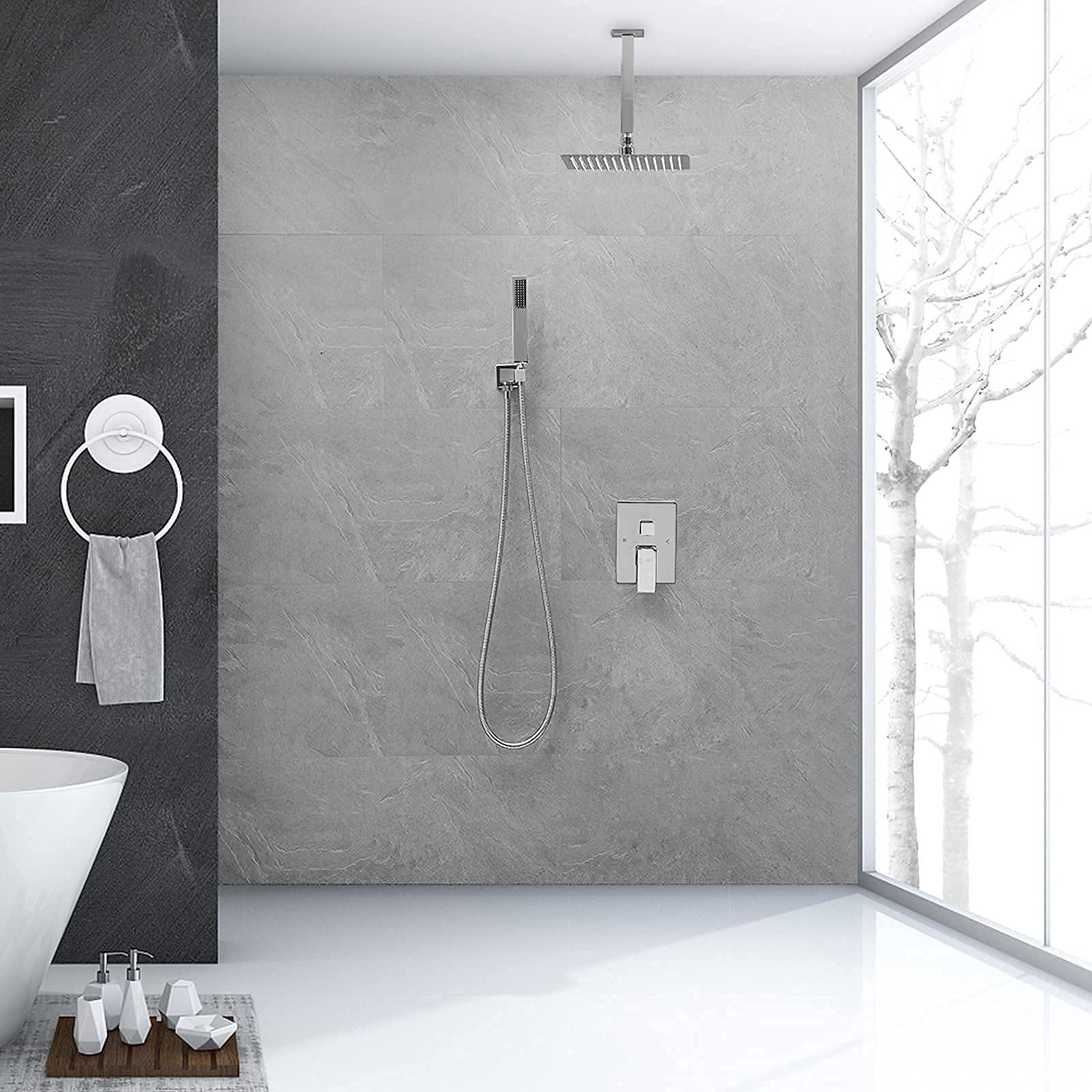 BWE 16 Inch Ceiling Mounted Luxury Shower System - Chrome Rainfall Shower Head with Handheld Spray, Modern Bathroom Mixer Combo Set (Includes Rough-in Valve Body & Trim) - Perfect for Spa-Like Showers and Contemporary Bathroom Upgrades