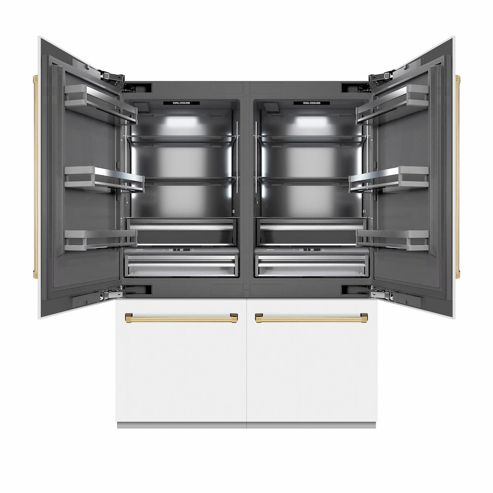 ZLINE Autograph Edition 60-Inch French Door Built-In Bottom Freezer Refrigerator - 32.2 cu.ft Capacity, Water Dispenser & Ice Maker - White Matte Finish with Graphite Gray Interior & Polished Gold Accents (GRBIVZ WM 60 G) - Perfect for Modern Kitchens & Luxury Homes