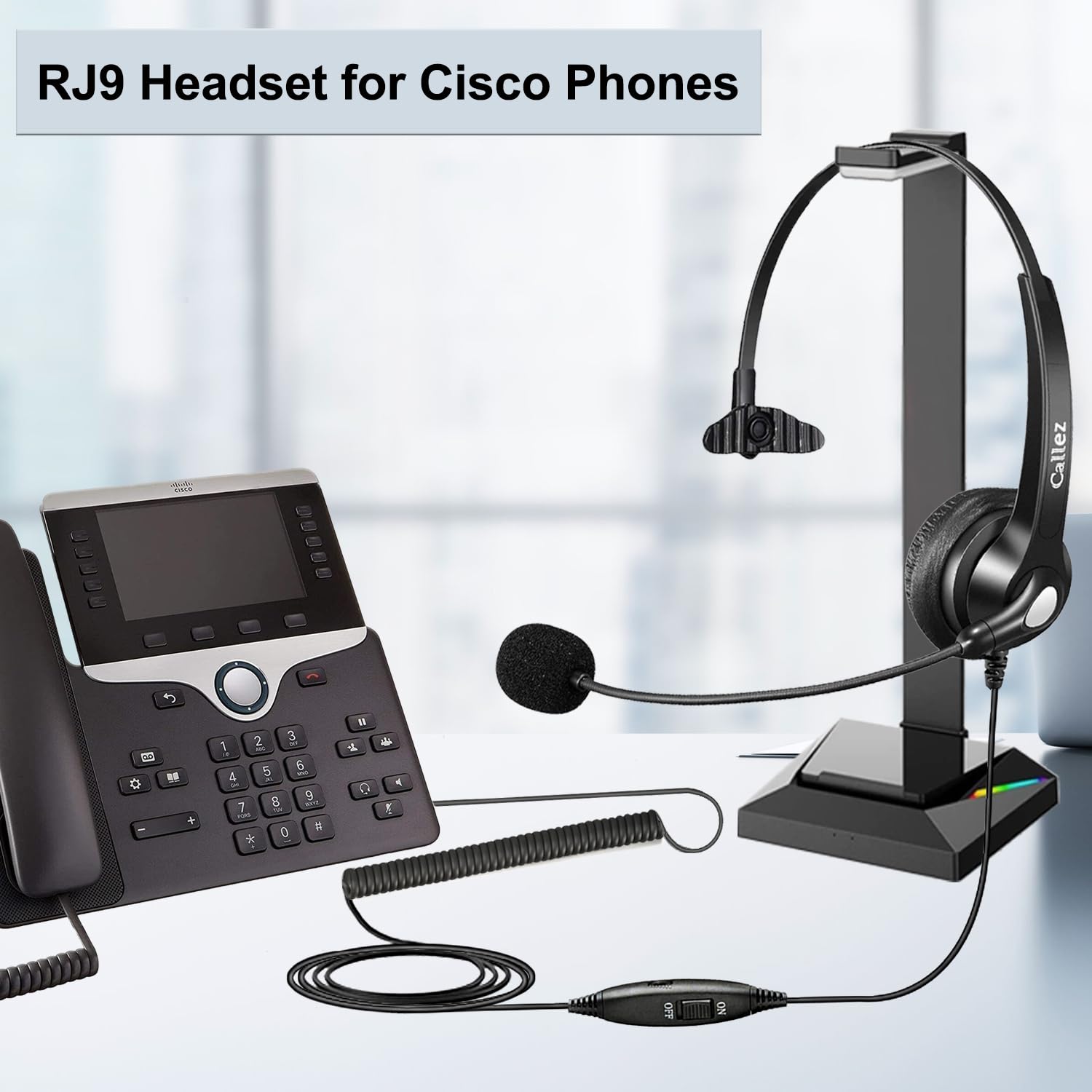Callez RJ9 Phone Headset with Noise Cancelling Microphone & Mute Switch - Compatible with Cisco 8851, 8845, 8841, 8811, 7965, 7962, 7945, 7941, 7841, 7821, 6941, 6851 & Plantronics M12 - Wired Office Headset for Landline Phones - Perfect for Call Centers, Customer Service & Business Communications