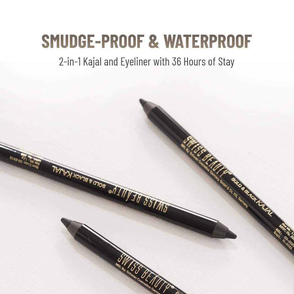Swiss Beauty Bold & Black Kajal Eyeliner - 24 Hour Long Wear, Smudge-Proof & Waterproof Eye Makeup - Intense Black Pigment (1.2g) - Perfect for Everyday Use, Party Looks & Dramatic Eye Makeup