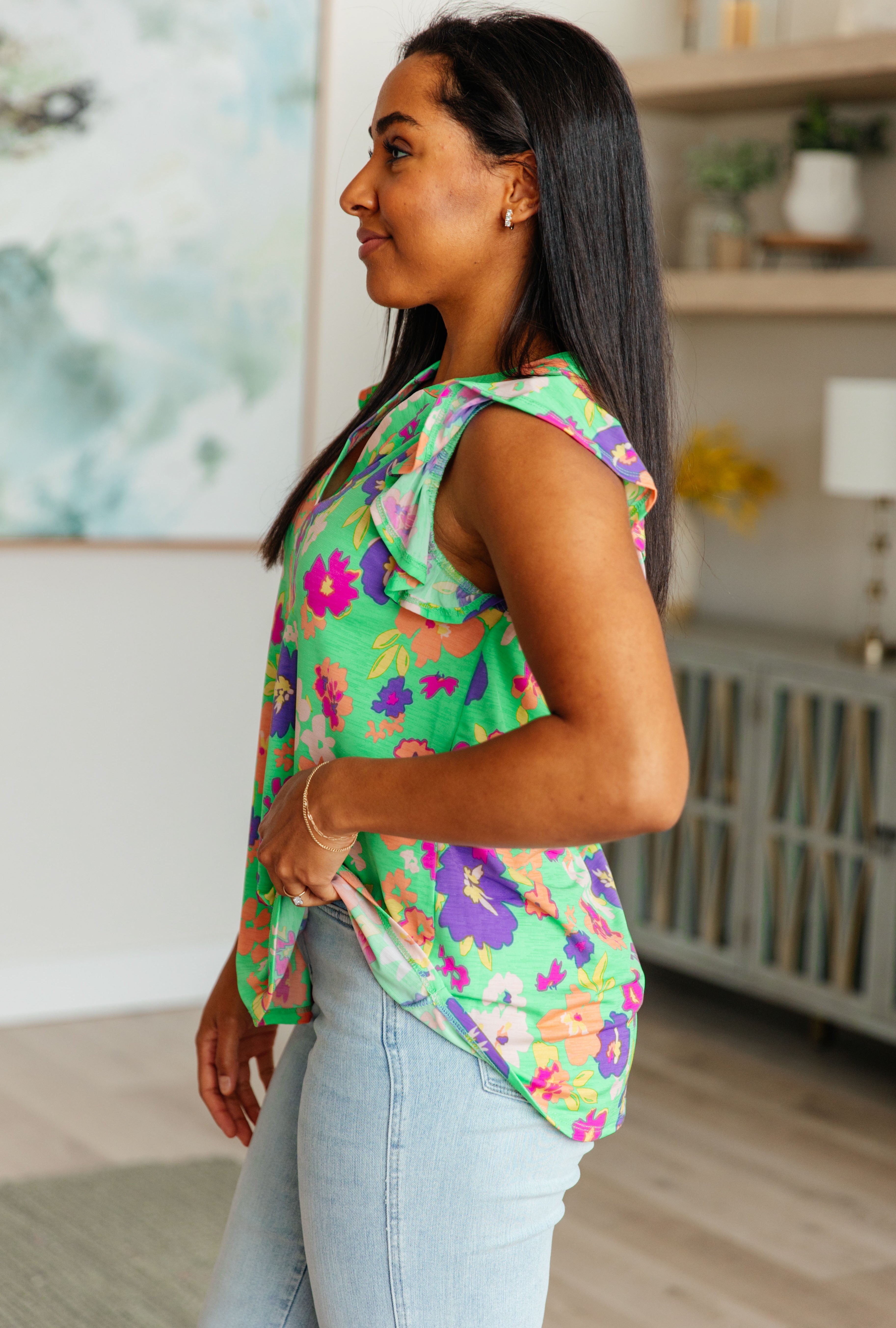 Lizzy Flutter Sleeve Top - Women's Floral Print Blouse in Emerald Green & Purple | Casual Summer Tops for Outfits, Dates & Beach Wear