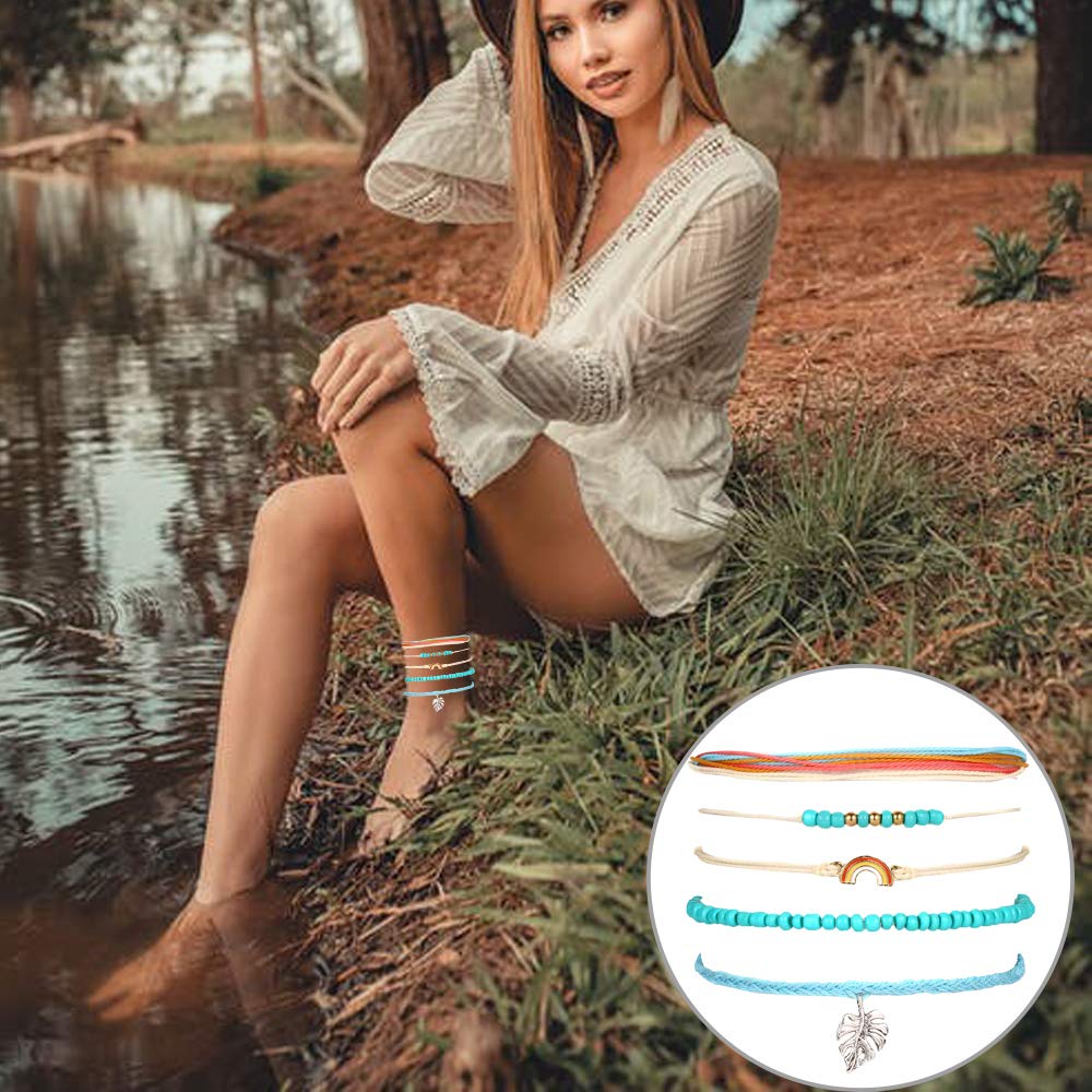 Blue Boho Friendship Bracelets for Women - Adjustable Sunflower Beaded Bracelet Set - Stackable Surfer Beach Summer Essentials - Perfect for Gifts, Stocking Stuffers & Everyday Wear