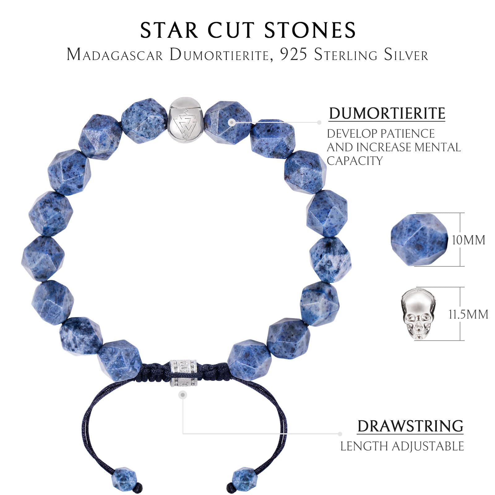 Men's Adjustable Dumortierite & Dragon Blood Jasper Beaded Bracelet with Sterling Silver Skull Charm - 10mm Natural Gemstone Braided Bracelet (6.1''-7.9'') - Spiritual Healing Jewelry, Boho Fashion Gift for Boyfriend, Meditation & Yoga Accessory