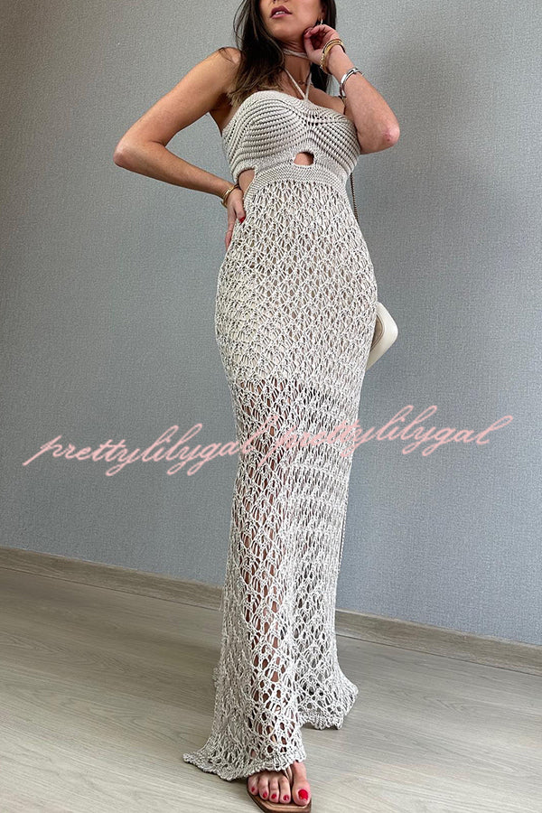 Elegant Sunset Beach Stroll Knit Texture Cutout Detail Halter Stretch Maxi Dress - Perfect for Summer Vacations, Beach Weddings & Boho Chic Outfits