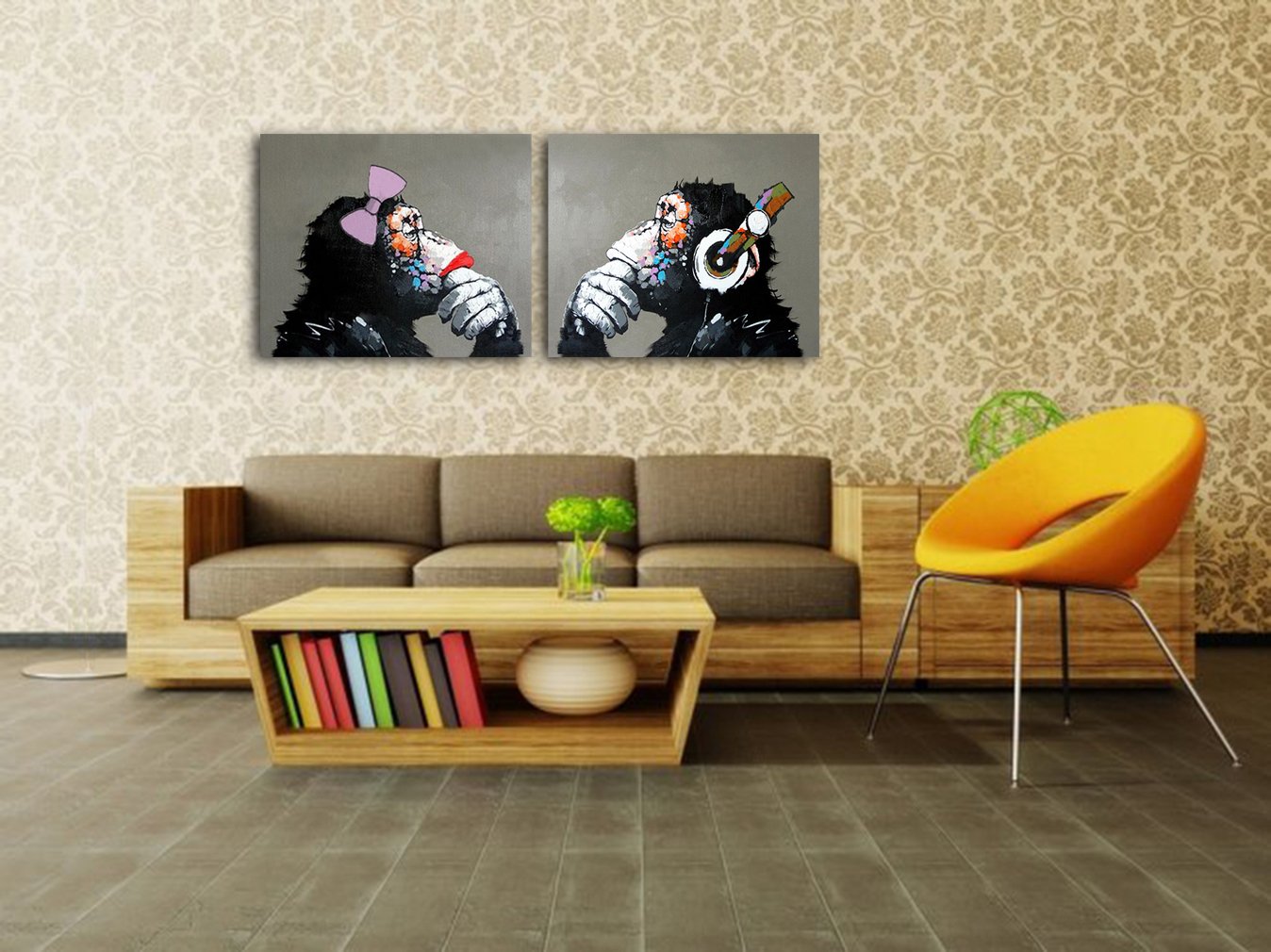 Hand-Painted Muzagroo Art Music Monkey Oil Painting on Canvas - 20x24 Inches Wall Art for Living Room, Bedroom & Office Decor - Ready to Hang (Set of 2)