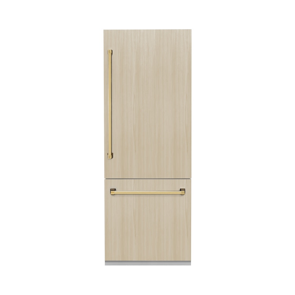 ZLINE Autograph Edition 30 Inch Panel Ready Built-In Bottom Freezer Refrigerator - 16.1 cu.ft Capacity with Water Dispenser & Ice Maker - Polished Gold Accents (RBIVZ 30 G) - Perfect for Modern Kitchens, Open Concept Homes & Luxury Appliances