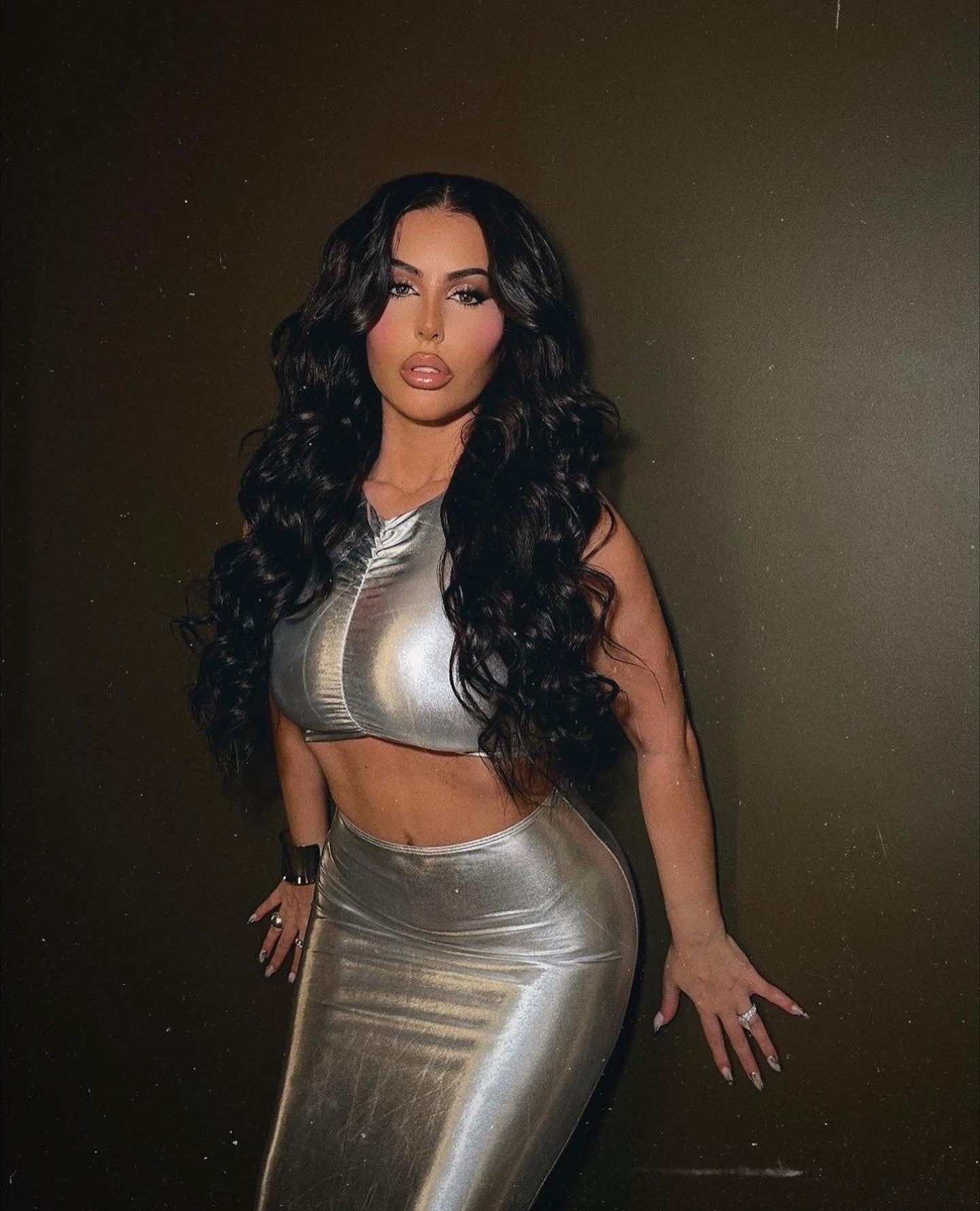 Silver Metallic Ruched Sleeveless Two-Piece Set with Double Slit Skirt - Perfect for Night Out, Party, and Special Occasions