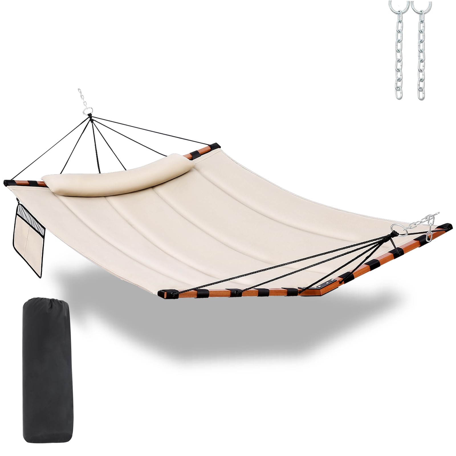 TegerDeger 12FT 2 Person Hammock - 450LB Capacity Heavy Duty Outdoor Hammock with V-Shaped Hardwood Spreader Bar & Nylon Rope - Perfect for Patio, Garden, Backyard, Beach & Poolside Relaxation (Beige)
