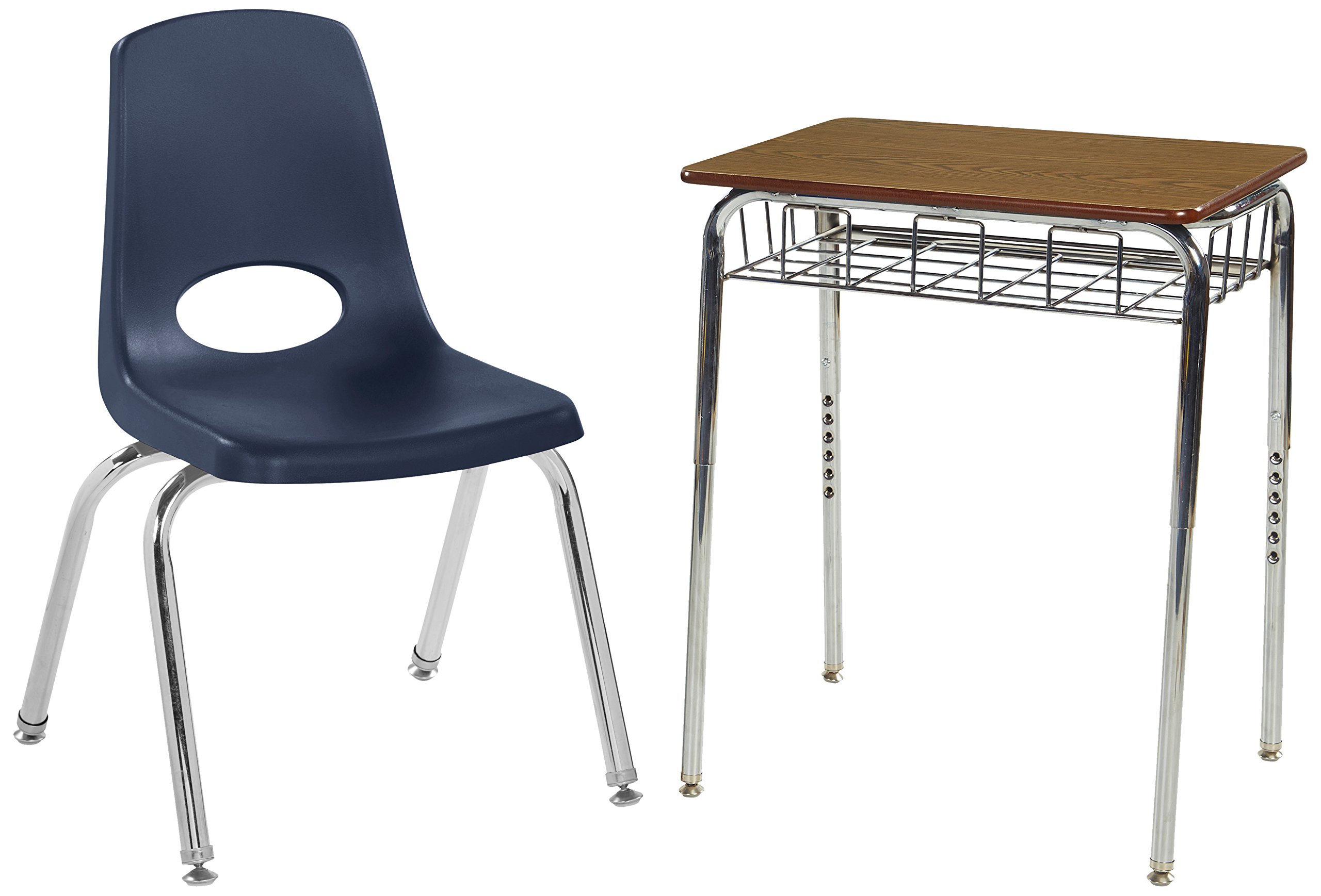 ECR4Kids Oak Desk & Navy Chair Set with Chrome Book Box - 6 Pack for Classroom
