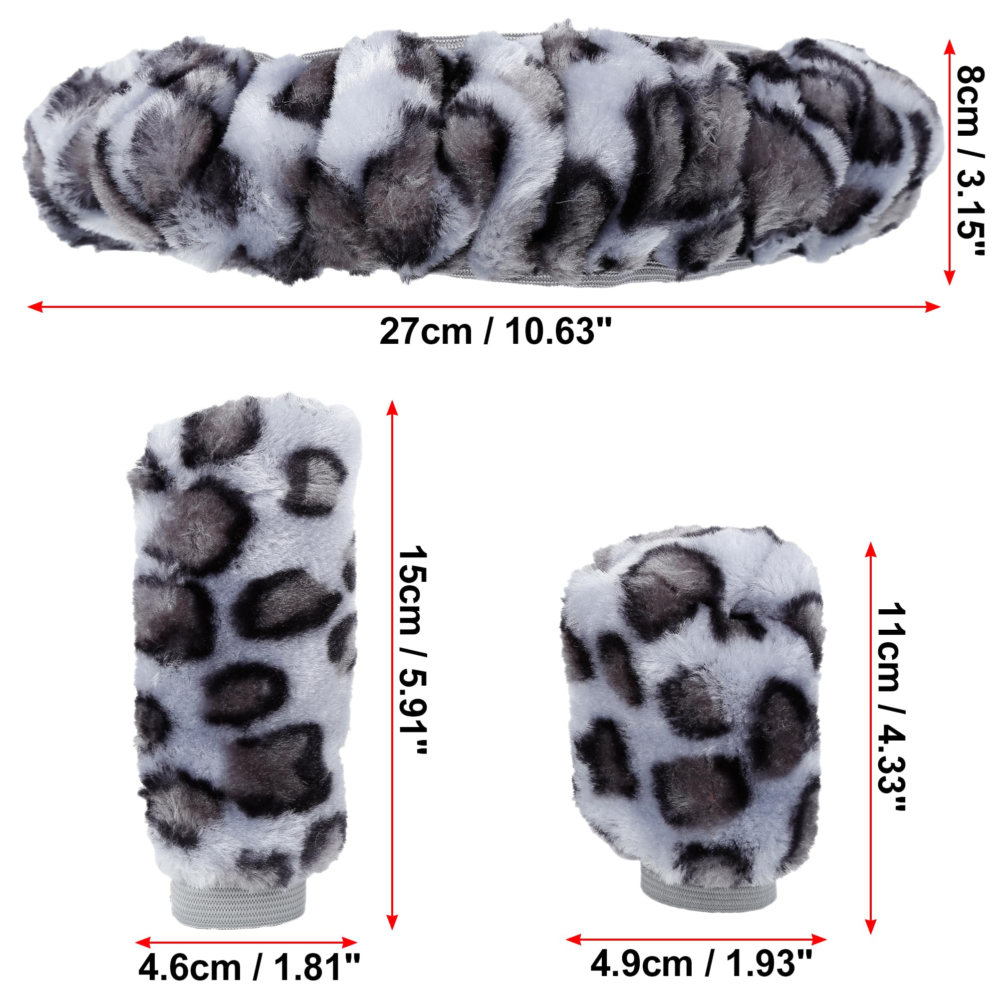 X AUTOHAUX Universal Elastic Leopard Print Fluffy Steering Wheel Cover & Handbrake Gear Shift Cover Set (Gray) - Soft Grip for Winter Driving & Car Interior Protection