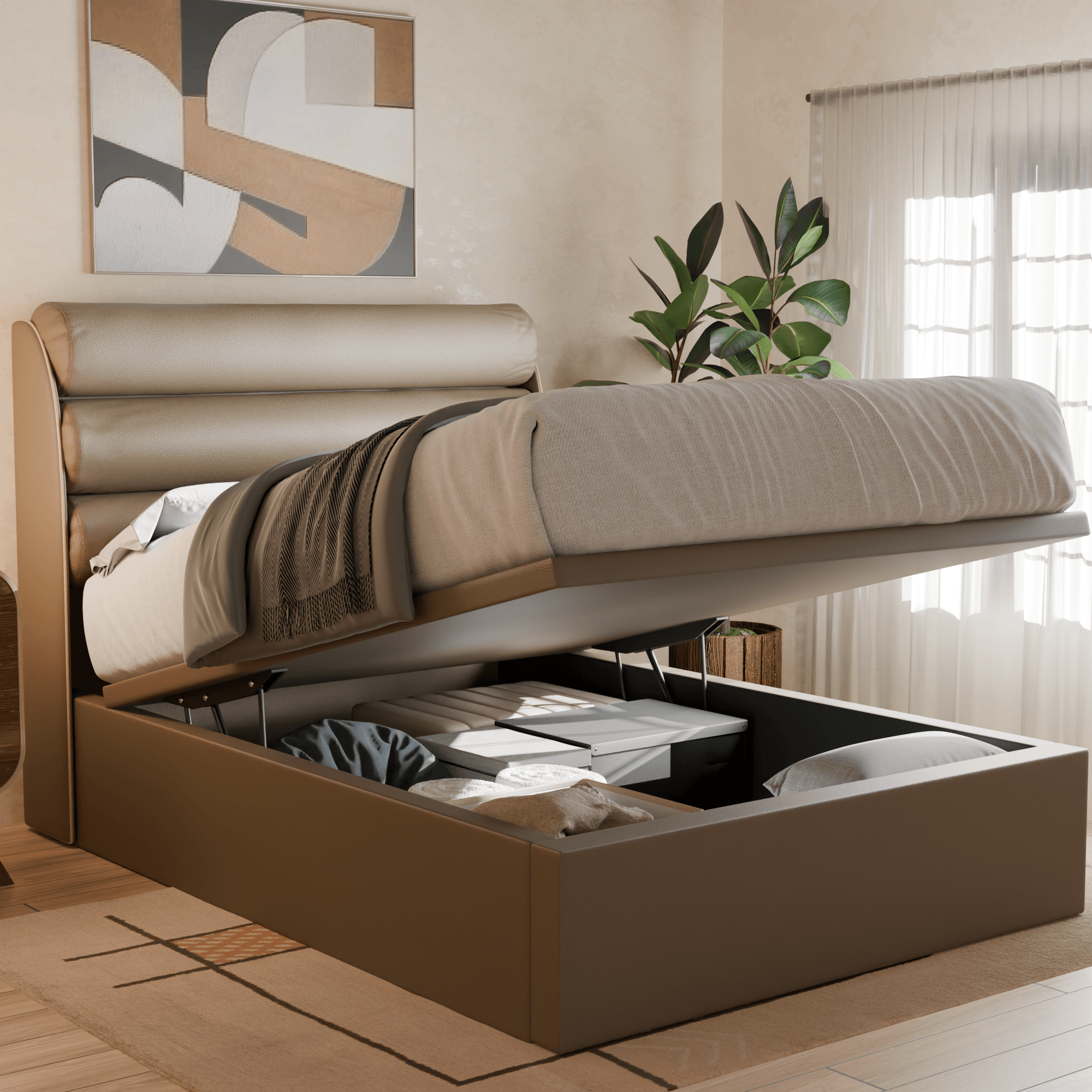 Gobbee Faux Leather Upholstered Storage Bed with Underbed Drawers - Queen Size Platform Bed Frame with Headboard for Small Space Bedroom, Guest Room & Dorm