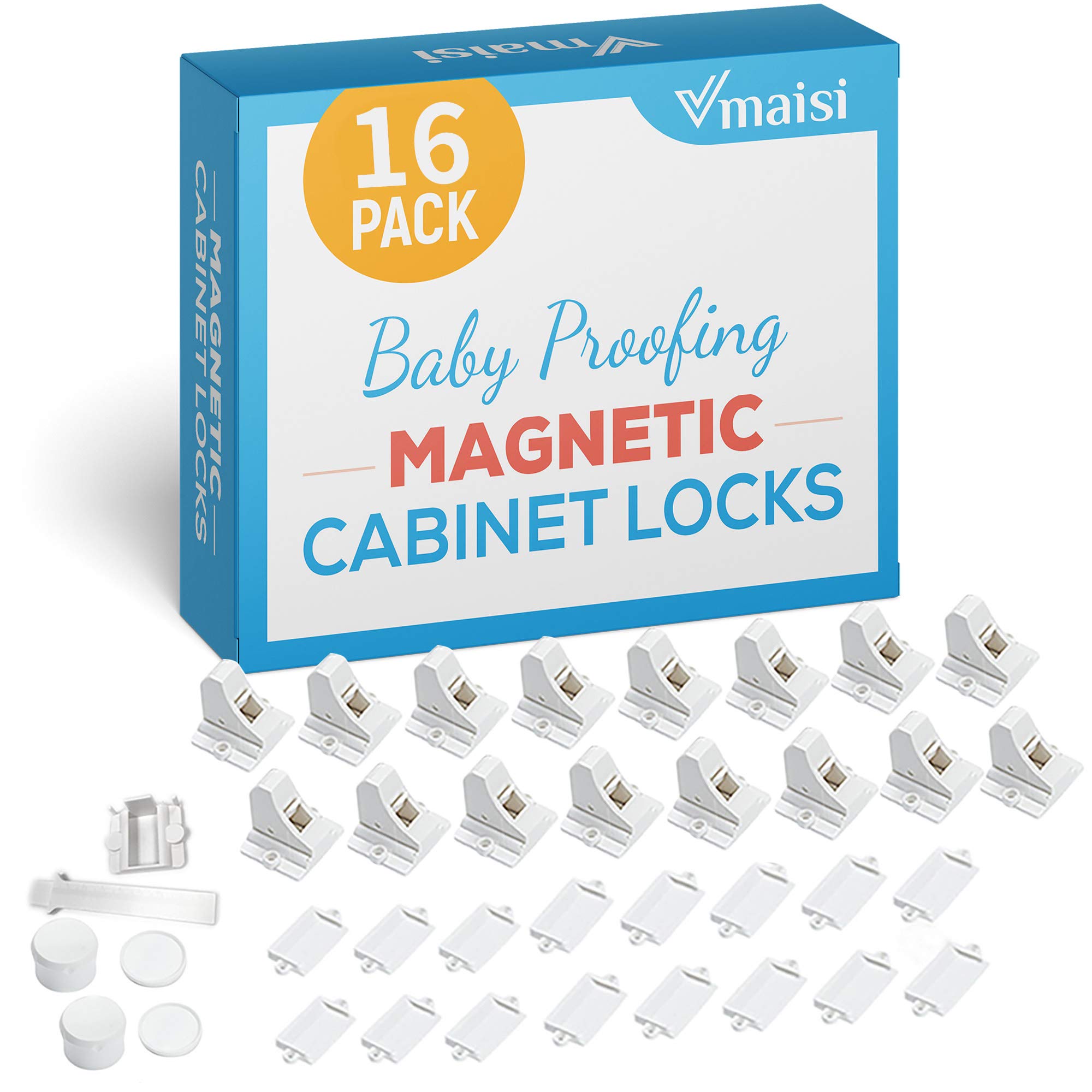 16 Pack Magnetic Cabinet Locks - Child Safety Latches for Baby Proofing Cabinets & Drawers | Strong Adhesive & Screw Installation | Perfect for Kitchen, Bathroom & Nursery Childproofing