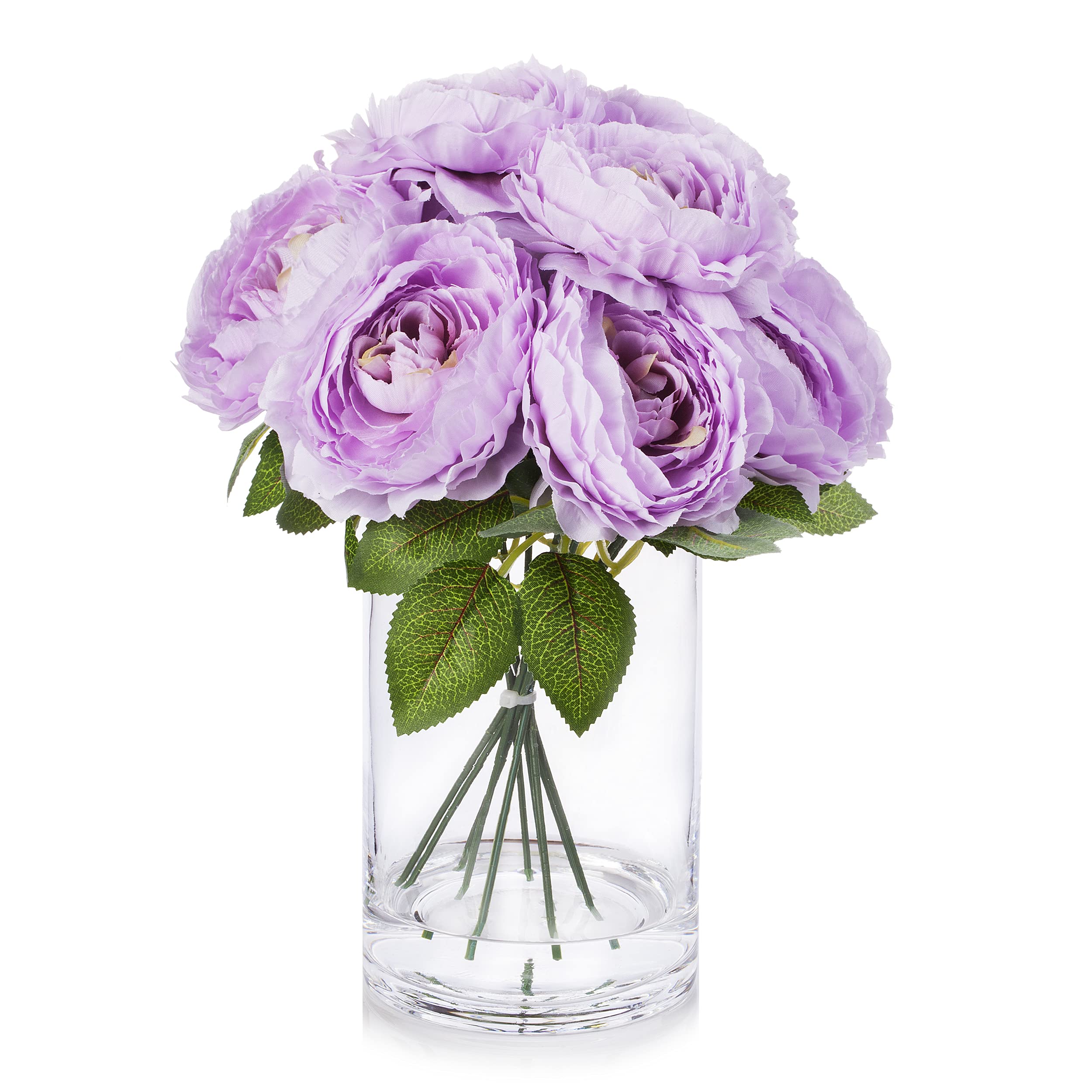 ENOVA HOME Artificial Silk Peony Flower Arrangement in Glass Vase with Faux Water - Lavender Purple Floral Centerpiece for Home Decor, Wedding, Table Decorations