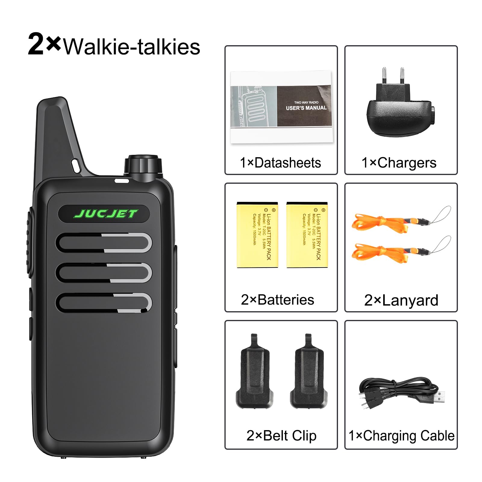 JUCJET T20 Rechargeable Walkie Talkies for Adults - 16 Channel VOX Hands-Free Two-Way Radios, Compact Outdoor PMR Radio with Clear Sound (2 Pack) - Perfect for Hiking, Camping, Construction & Emergency Communication