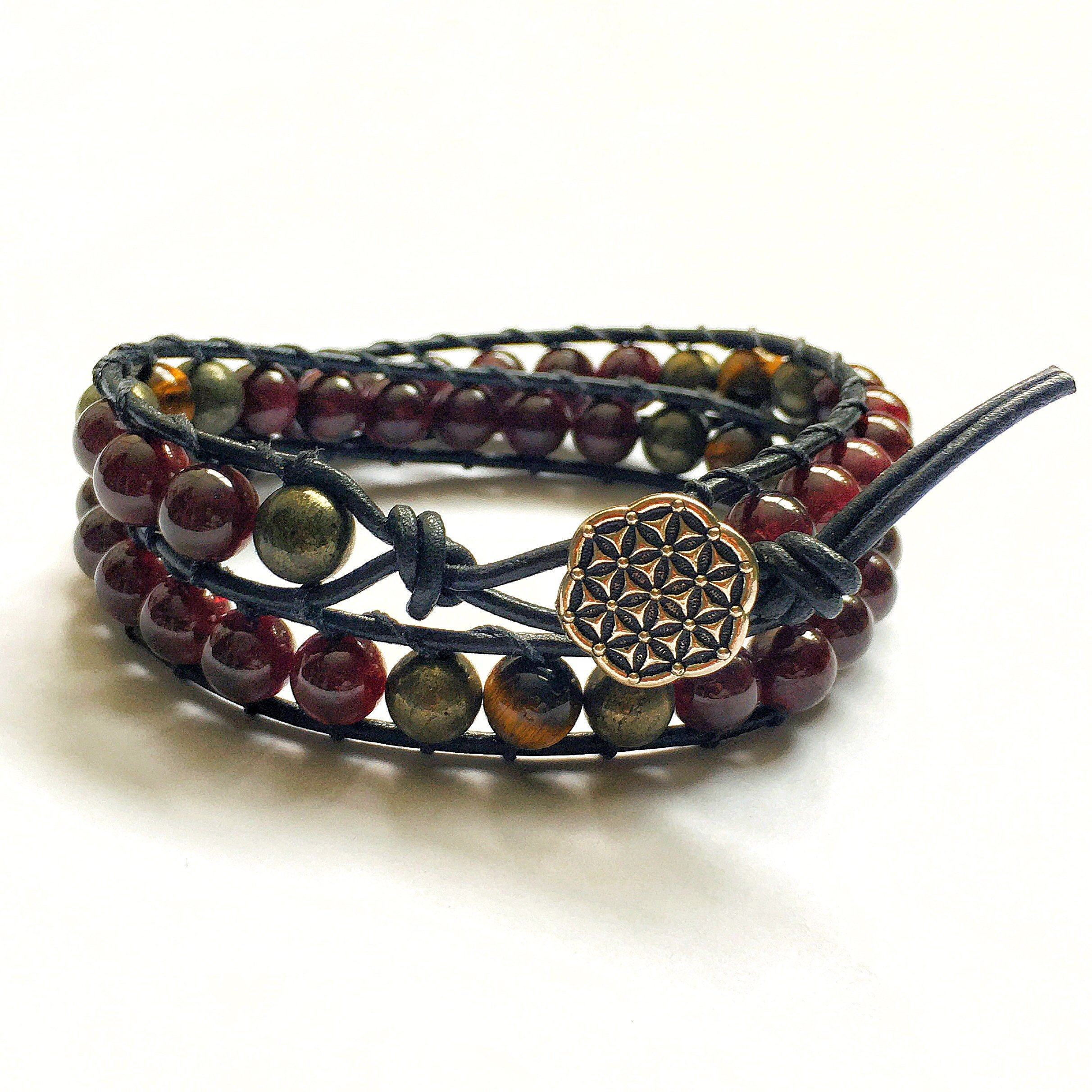 Garnet Bracelet & Tiger's Eye Leather Wrap Bracelet for Women - Prosperity & Fortitude Stone Jewelry - Perfect for Meditation, Yoga & Spiritual Healing