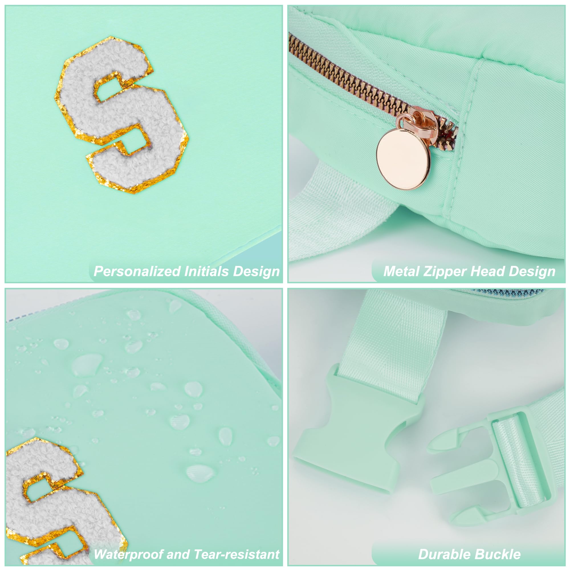 Personalized Initial Belt Bag - Trendy Fanny Pack & Crossbody Bag for Teen Girls, Cute Birthday Gift, White & Light Green | Perfect for School, Travel & Outfits