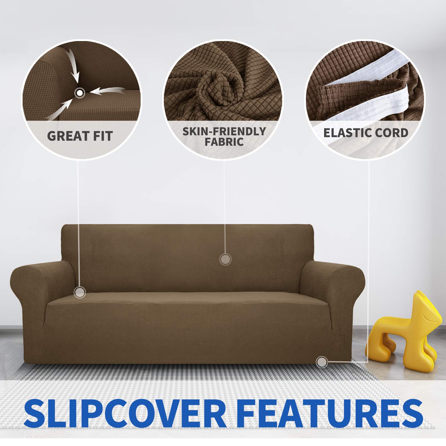 MAXIJIN Stretch Loveseat Sofa Slipcover - 1 Piece Washable Non-Slip Couch Cover for 2 Cushion Love Seat | Pet & Dog Cat Proof Furniture Protector | Perfect for Living Room, Apartment, Office (Brown)