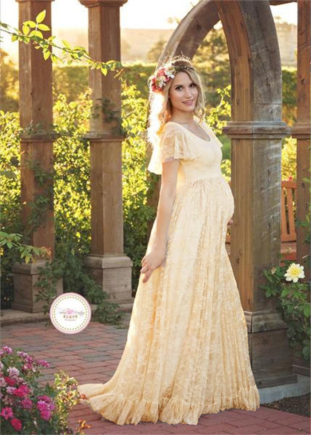 ZIUMUDY Elegant Maternity Lace Flutter Sleeve Maxi Dress for Baby Shower, Photoshoot & Pregnancy Photos - Comfortable Nursing Dress for Special Occasions