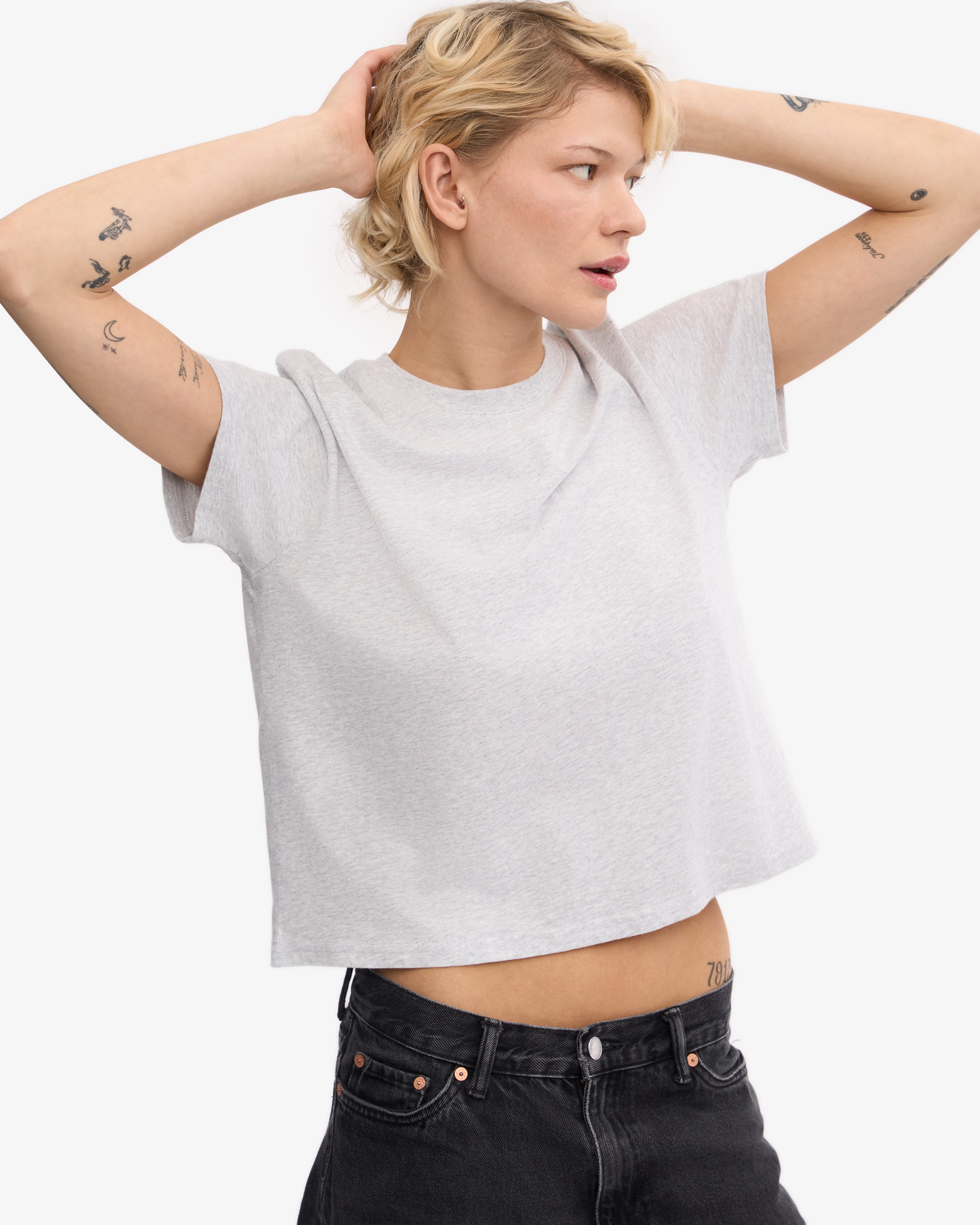 Organic Boxy Crop Tee - Soft Cotton Oversized T-Shirt for Women | Snow Melange | Casual Wear, Street Style & Layering Essential
