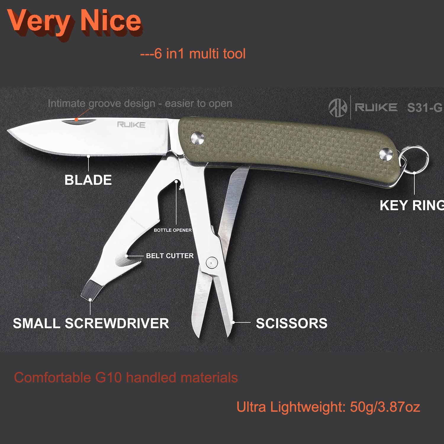 Ruike 6-in-1 Multitool Pocket Knife - Stainless Steel 12C27 Blade with G10 Handle | Compact Folding Keychain Tool with Scissors, Screwdriver & Bottle Opener | Perfect for EDC, Camping, Survival, Hunting & Tactical Gear