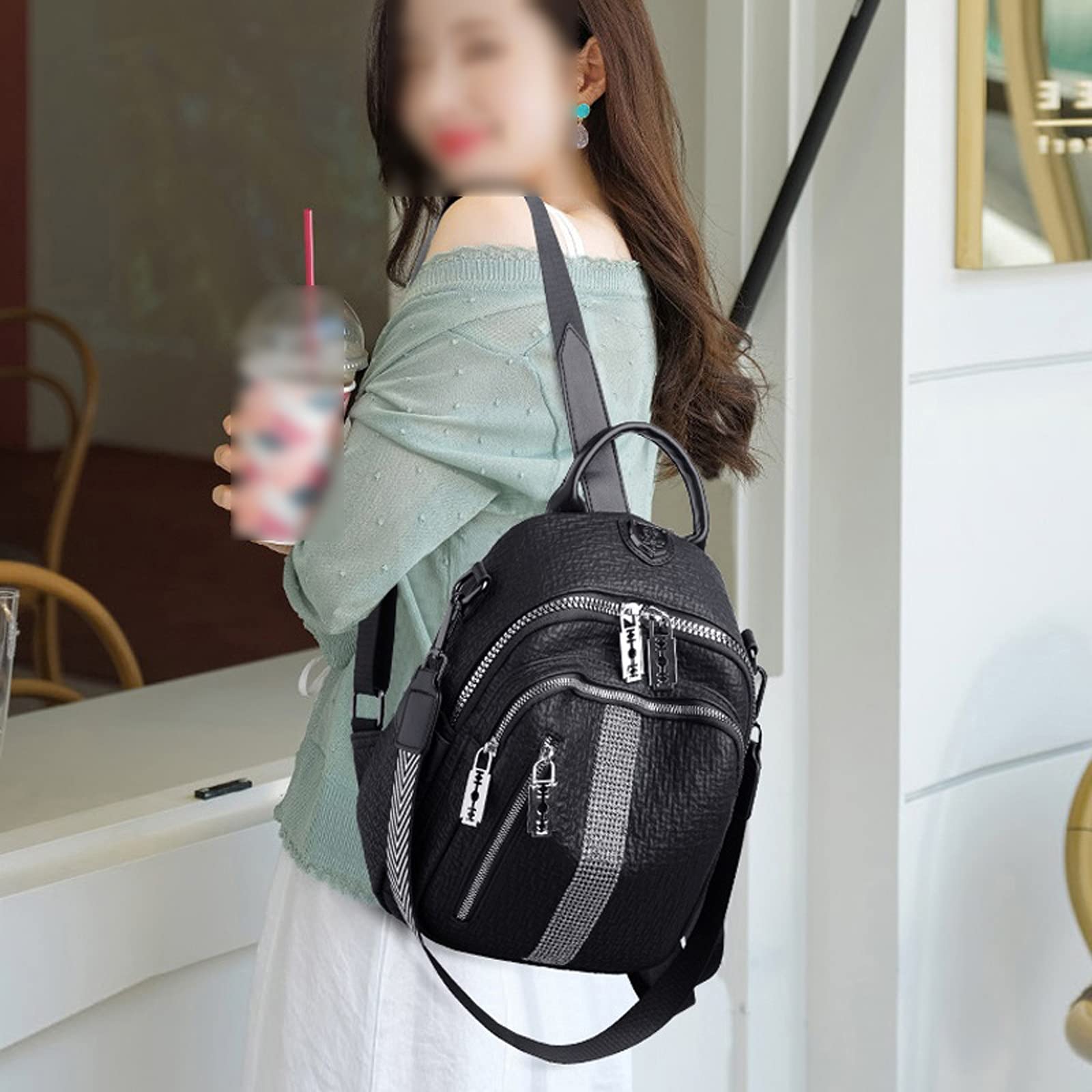 Stylish Psampa Leather Backpack for Women - Large Travel Backpack, Youth School Bag, Mini Diamond Design (Black) - Perfect for College, Work & Weekend Getaways