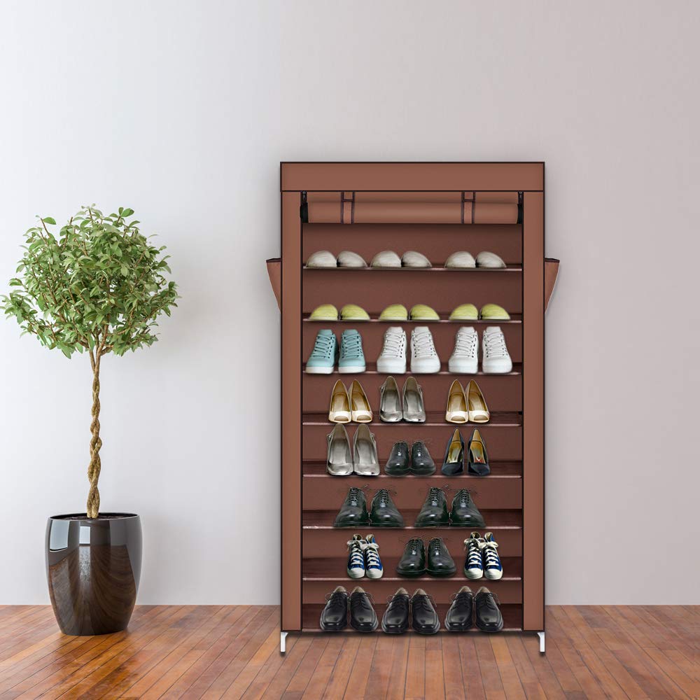 10-Tier Shoe Rack Organizer with Dustproof Cover - Free Standing Shoe Storage Cabinet for Closet & Entryway - Holds 40 Pairs of Shoes for Sneakers, Boots & High Heels - Space Saving Home Organization Solution for Bedroom, Hallway & Dorm Room (Coffee Brown)