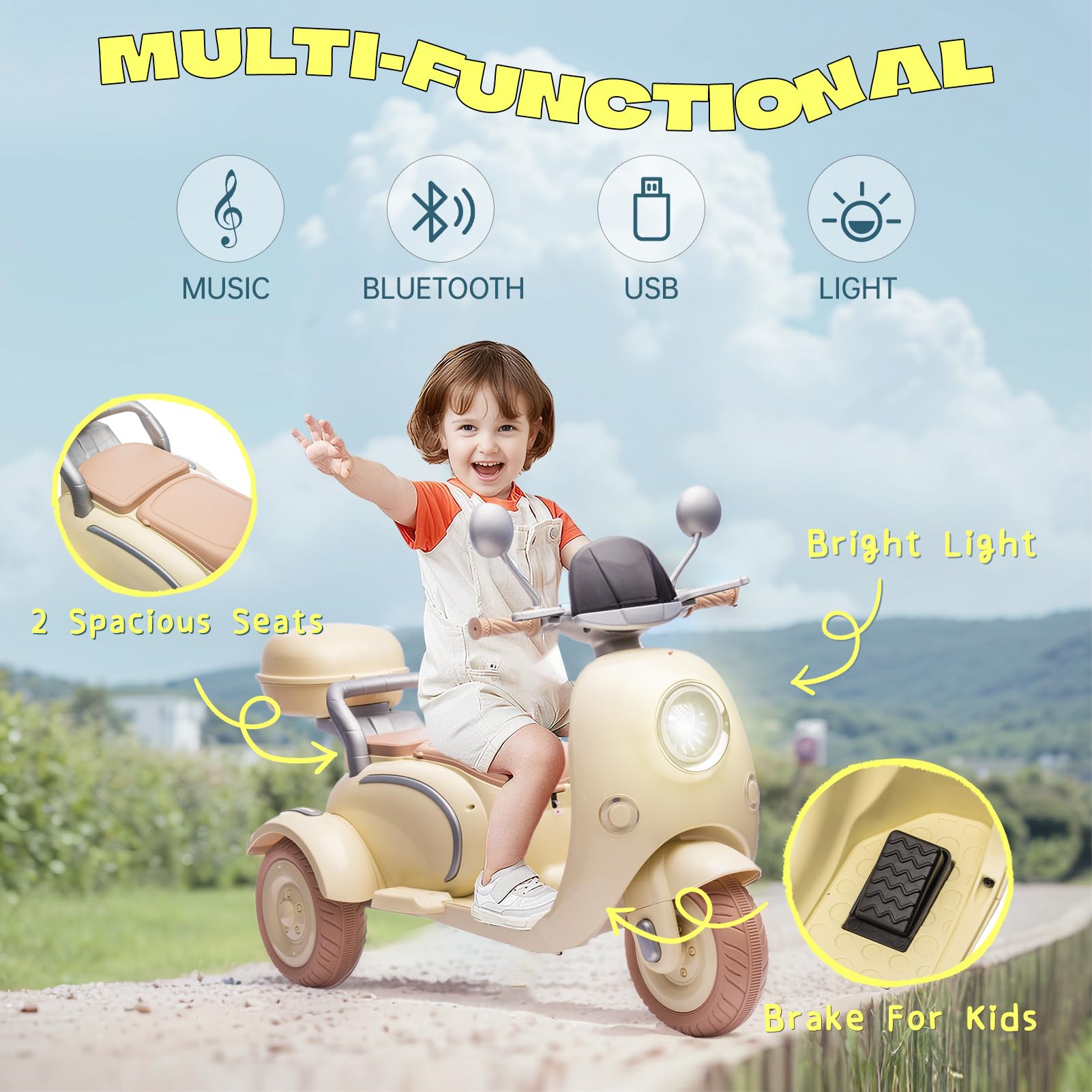 12V Kids Electric Motorcycle - 2 Seats, 3 Wheels with Bluetooth & Lights | Ride-On Toy for Ages 3+ | Outdoor Play & Gift