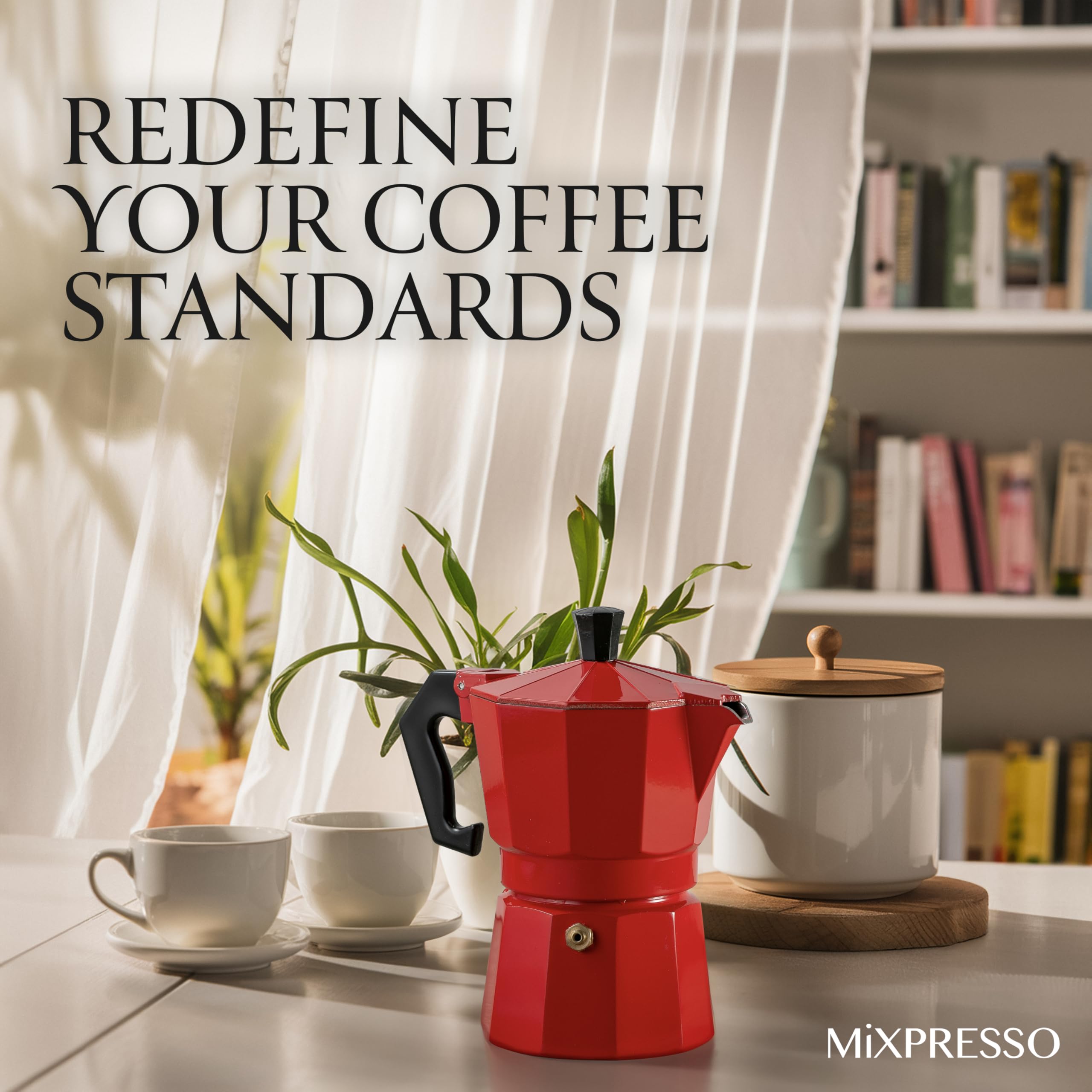 Mixpresso Aluminum Moka Stove Top Coffee Maker with 5oz Coffee Mug - Classic Italian Espresso Maker for Gas & Electric Stoves - 3 Cup Greca Moka Pot for Home, Office & Camping Use
