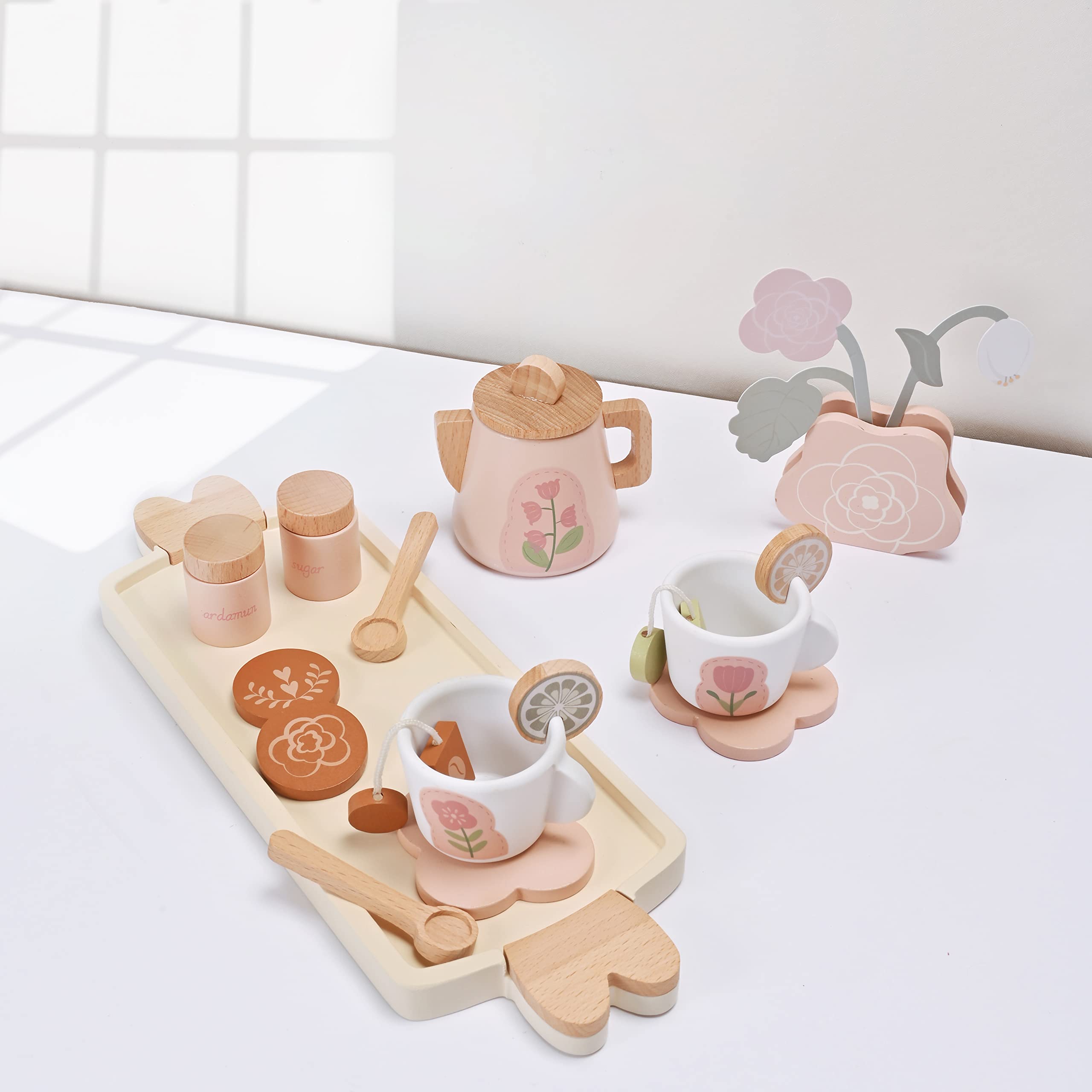 Wooden Tea Set for Toddlers & Little Girls - Montessori Pretend Play Toy with Play Food, Kids Kitchen Accessories for Tea Party & Role Play - Perfect for Pretend Play, Montessori Learning & Toddler Tea Parties