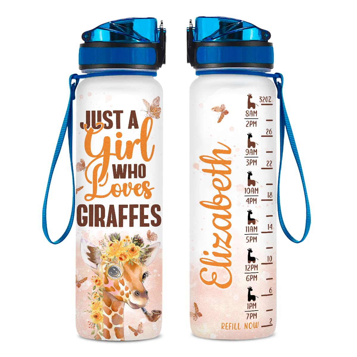 Wowcugi Personalized 32oz Giraffe Water Bottle with Time Marker - Custom Sports & Workout Bottle for Women, Girls, Kids & Teens - Perfect Gift for Giraffe Lovers - Ideal for Gym, School, Office & Outdoor Activities