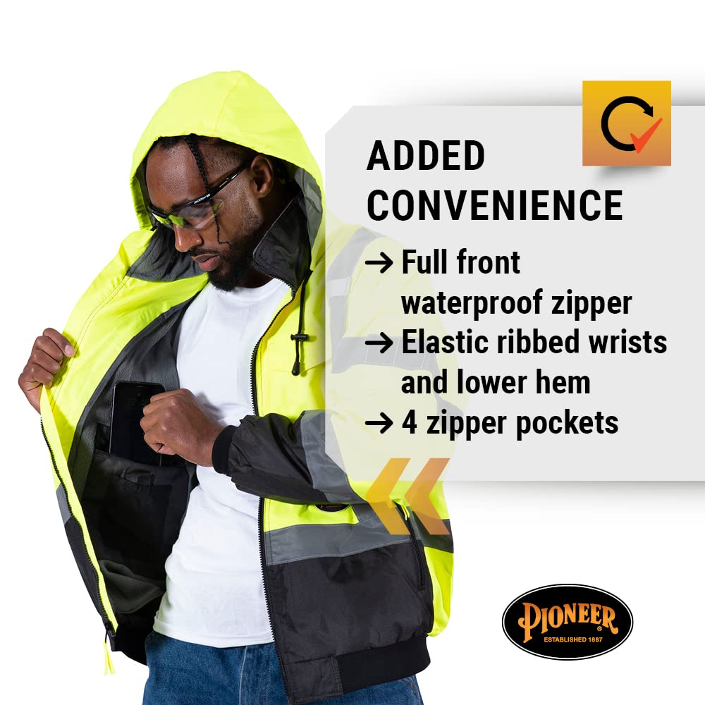 Pioneer Class 3 Hi-Vis Waterproof Heated Safety Jacket for Men - Winter Reflective Bomber Jacket with Detachable Hood - Ideal for Construction, Road Work & Outdoor Winter Activities