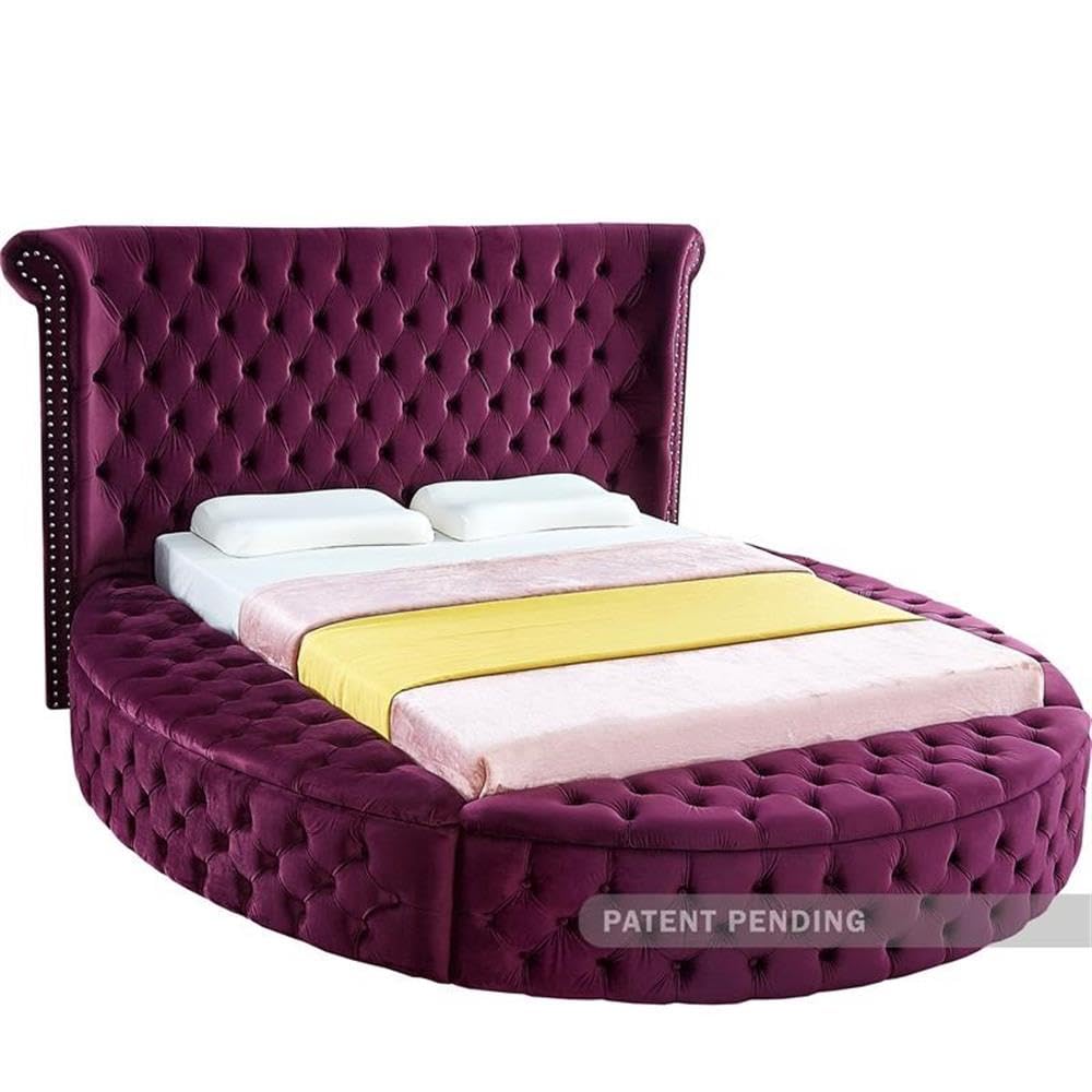 Luxury Purple Velvet Upholstered Queen Bed with Storage - Modern Round Tufted Platform Bed Frame with Footboard | Meridian Furniture Luxus Collection (93.75