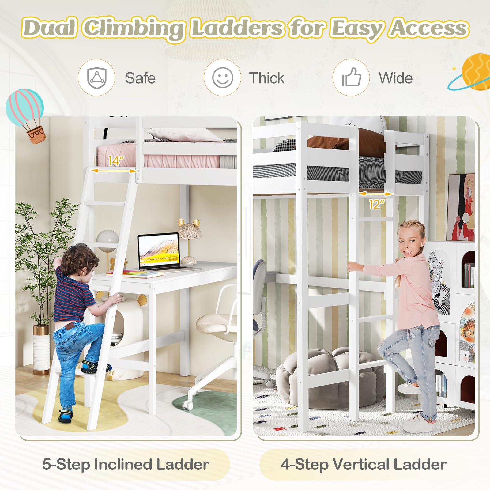 **KOMFOTT Twin Loft Bed with Desk - Solid Wood Loft Bed Frame for Teens & Adults - Space-Saving Bunk Bed with 2 Ladders & Safety Guardrail - No Box Spring Needed - Sturdy Wooden Slats Support (White) - Perfect for Small Bedrooms, Dorms, and Studio Apartments**