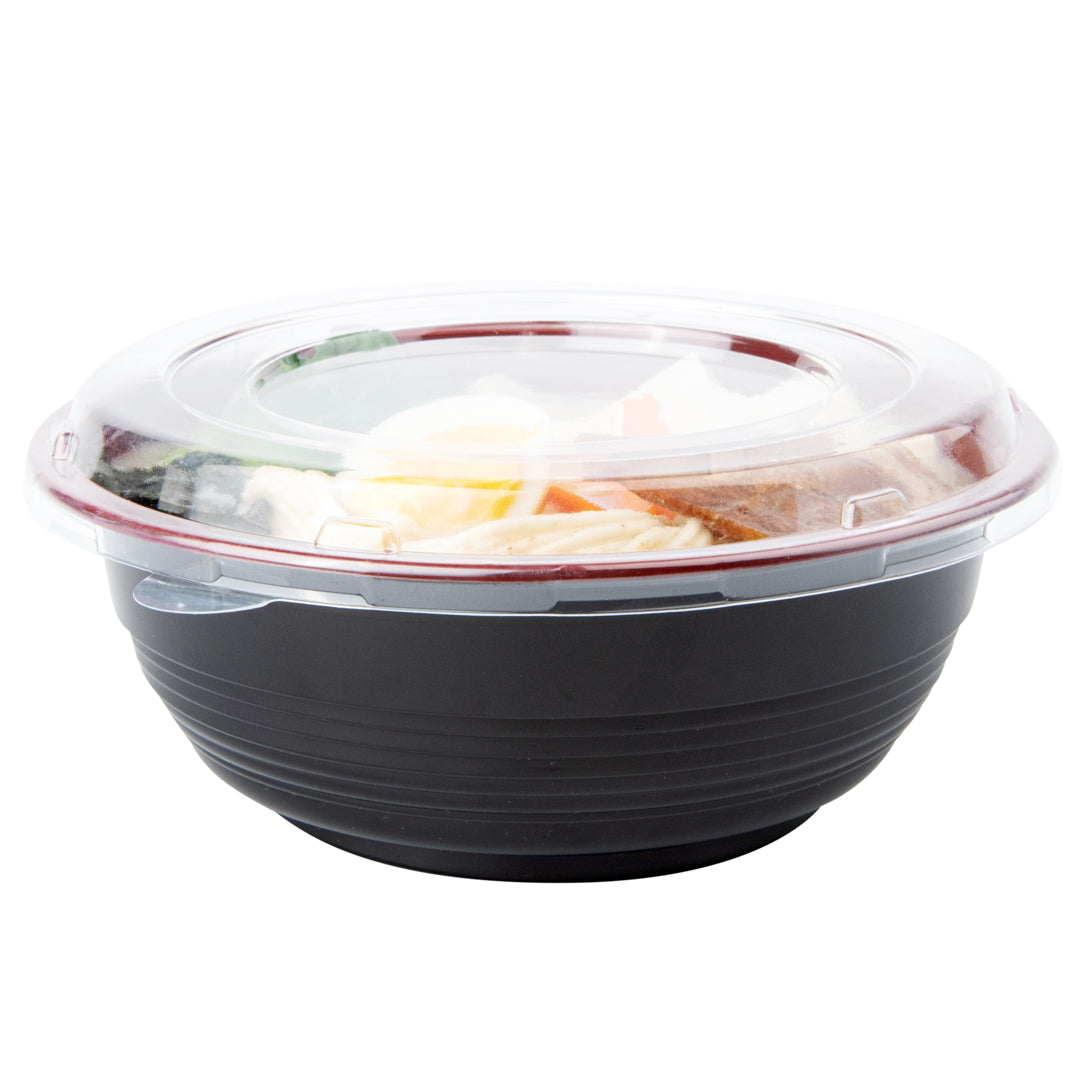 34oz Large Asian Panda Bowl with Clear Lid - Round Black & Red Plastic Microwave Safe Food Container (7.25