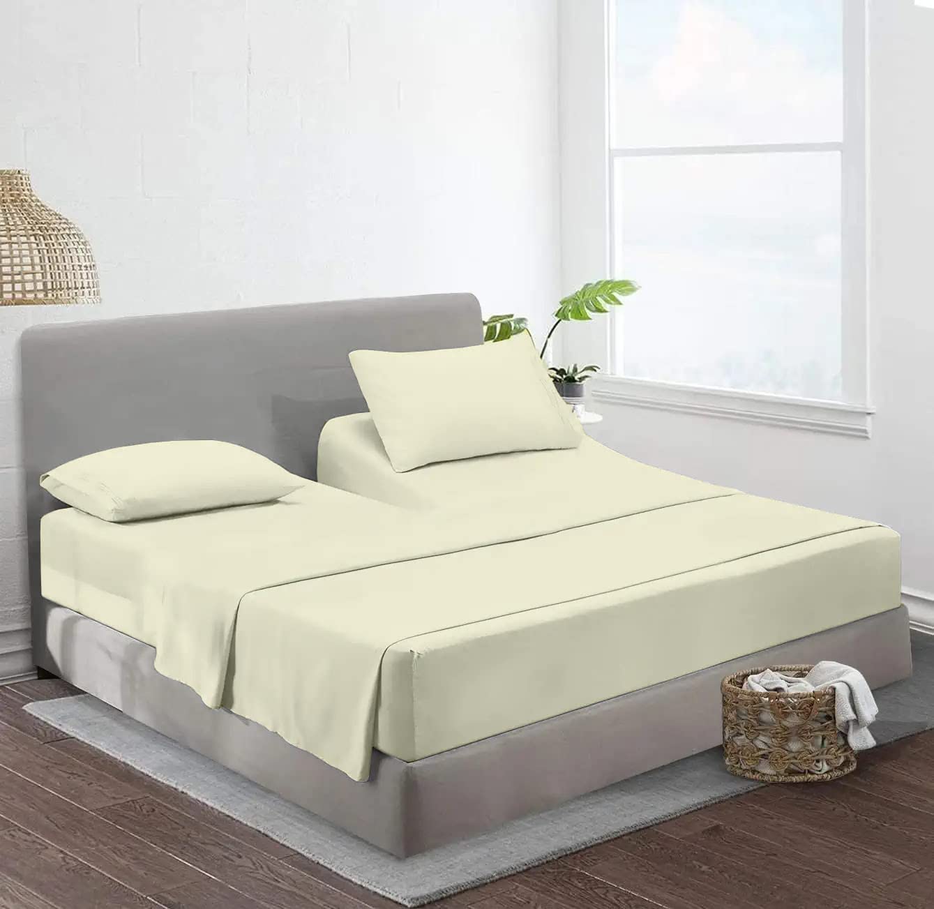 Split King Sheet Set 4-Piece - 34 Inch Deep Pocket Fitted Sheet, 16 Inch Adjustable Bed Sheets - Soft Ivory Down Alternative Bedding for Comfortable Sleep