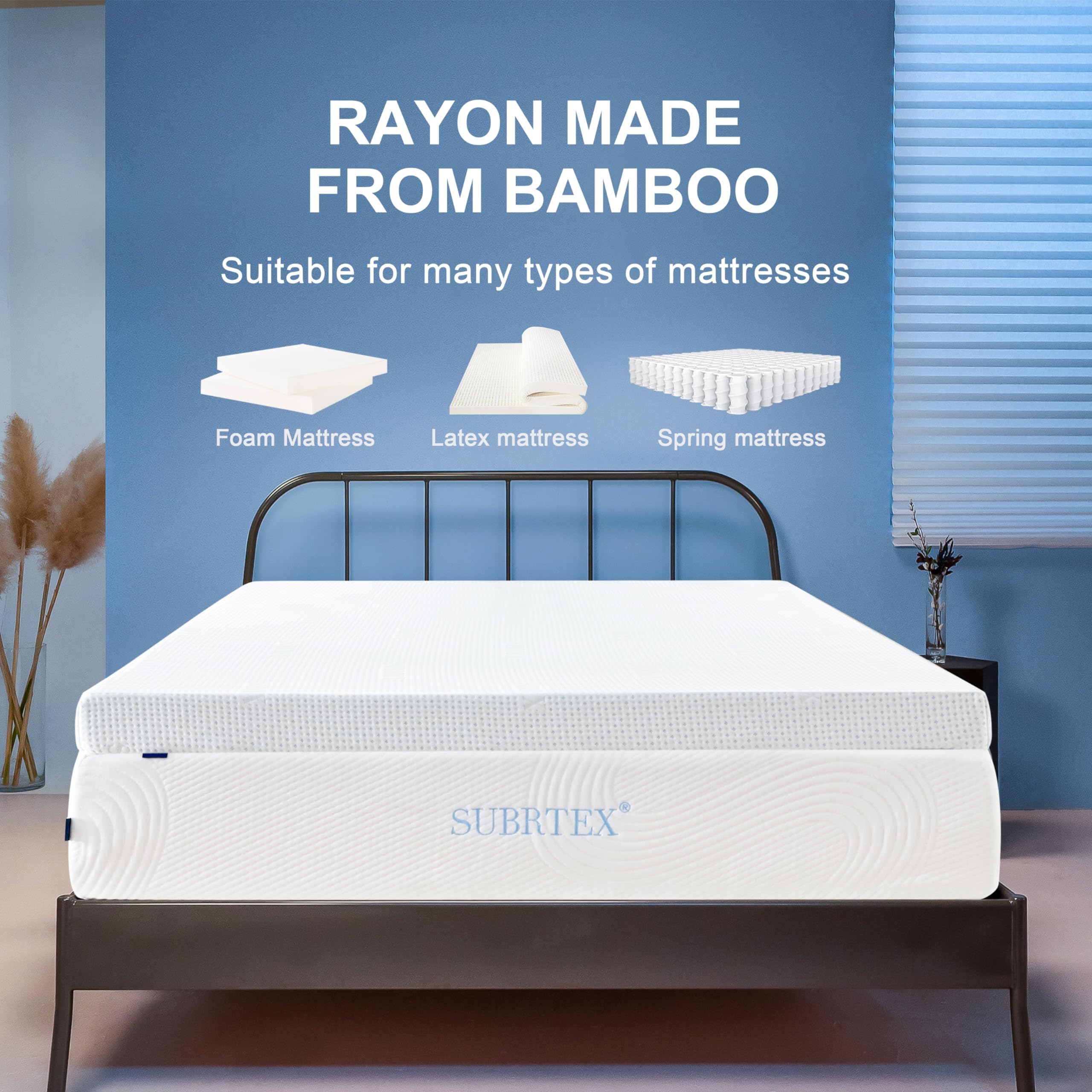 Subrtex 4 Inch Mattress Topper Cover - Breathable Bamboo Rayon Mattress Protector with Zipper Encasement | Fits All 4