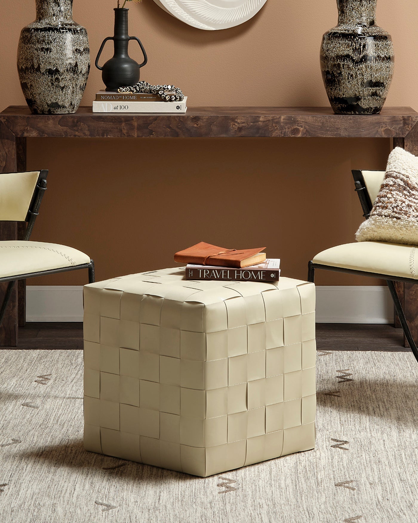 Handcrafted Woven Leather Ottoman Footrest - Stylish Living Room & Bedroom Accent Furniture for Home Decor