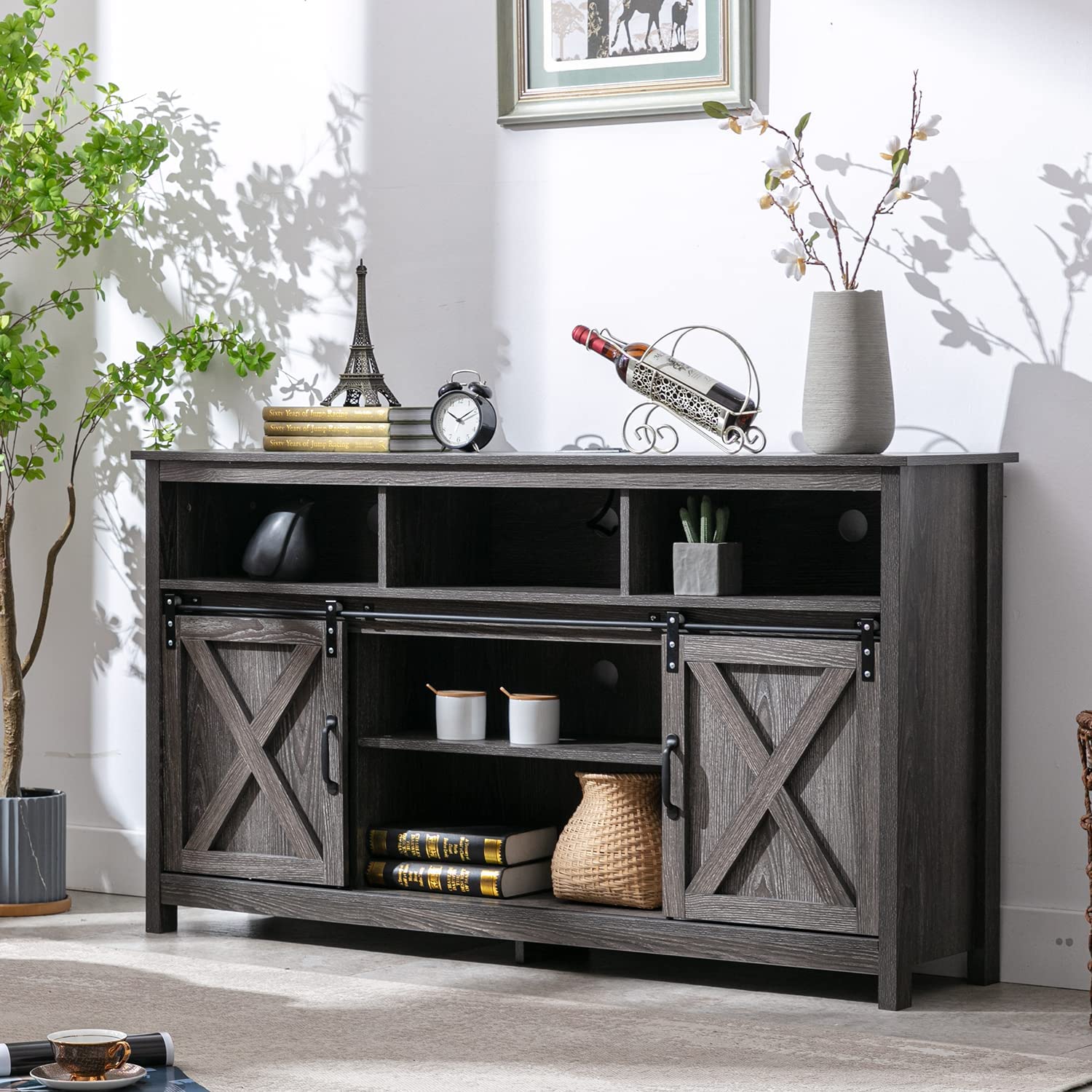 Rustic Farmhouse Coffee Bar Cabinet with Sliding Barn Door - Buffet Server Sideboard with Power Outlet for Dining Room, Kitchen & Entryway - Wash Grey Finish | Perfect for Home Decor, Coffee Station & Storage Solution